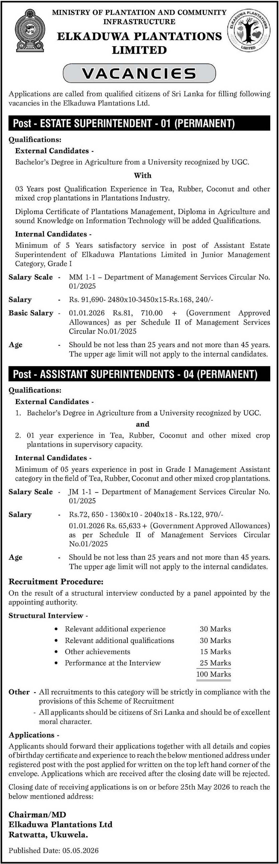 Estate Superintendent, Assistant Superintendent - Elkaduwa Plantations Ltd