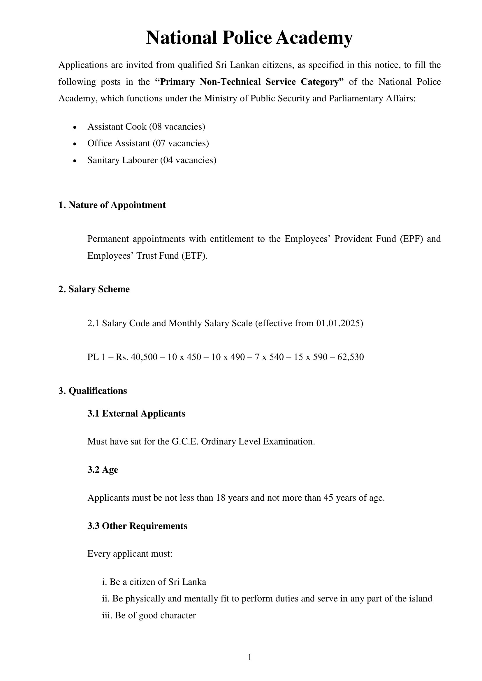 Assistant Cook, Office Assistant, Sanitary Labourer - National Police Academy