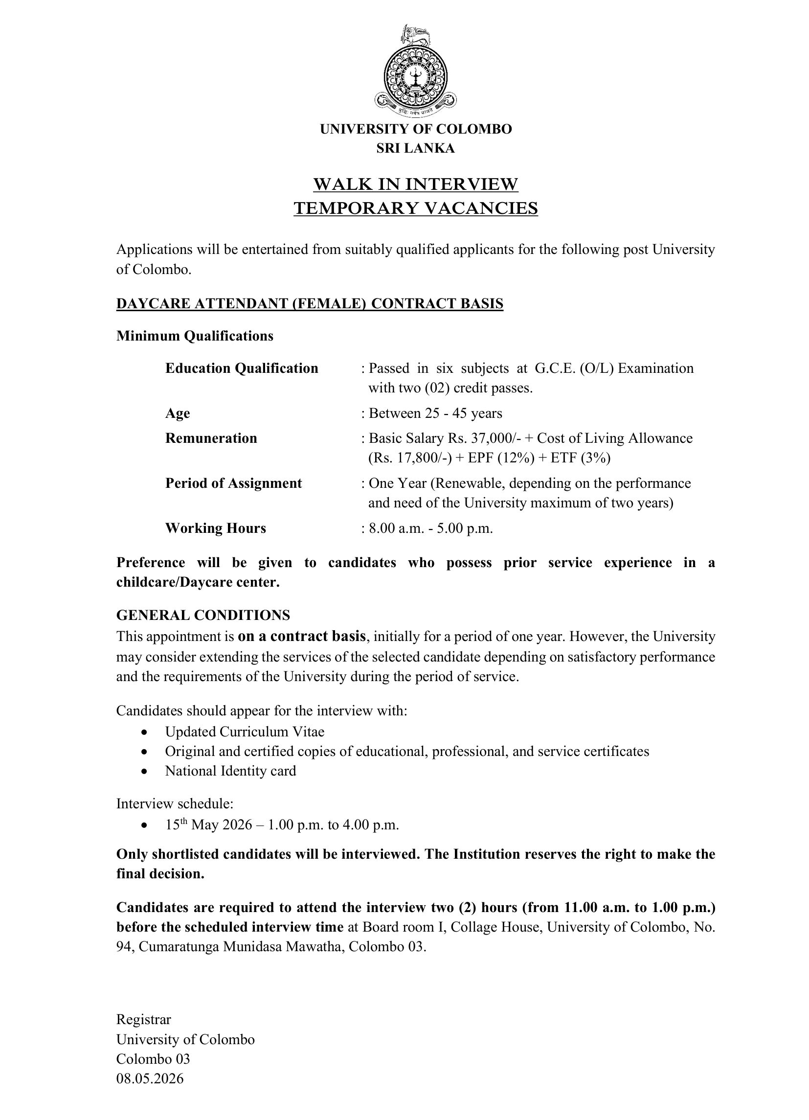 Daycare Attendant (Female) - University of Colombo