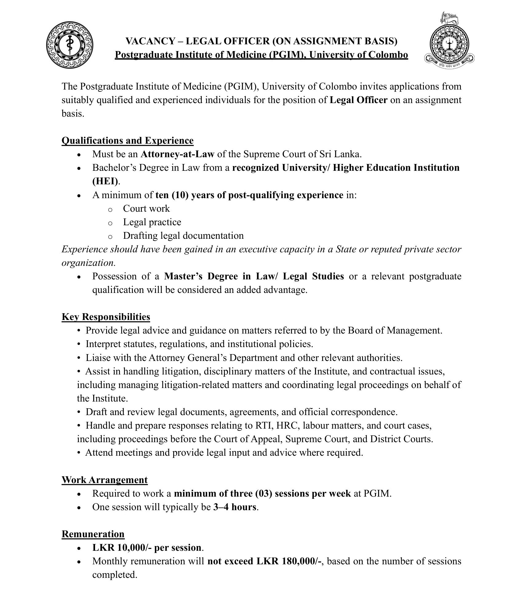 Legal Officer - University of Colombo