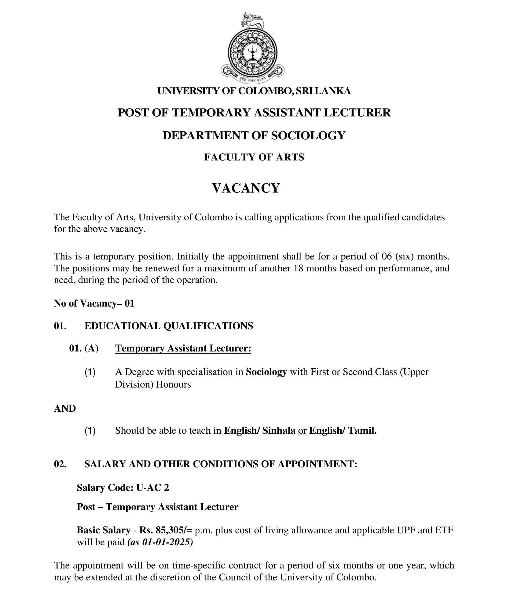 Temporary Assistant Lecturer - University of Colombo
