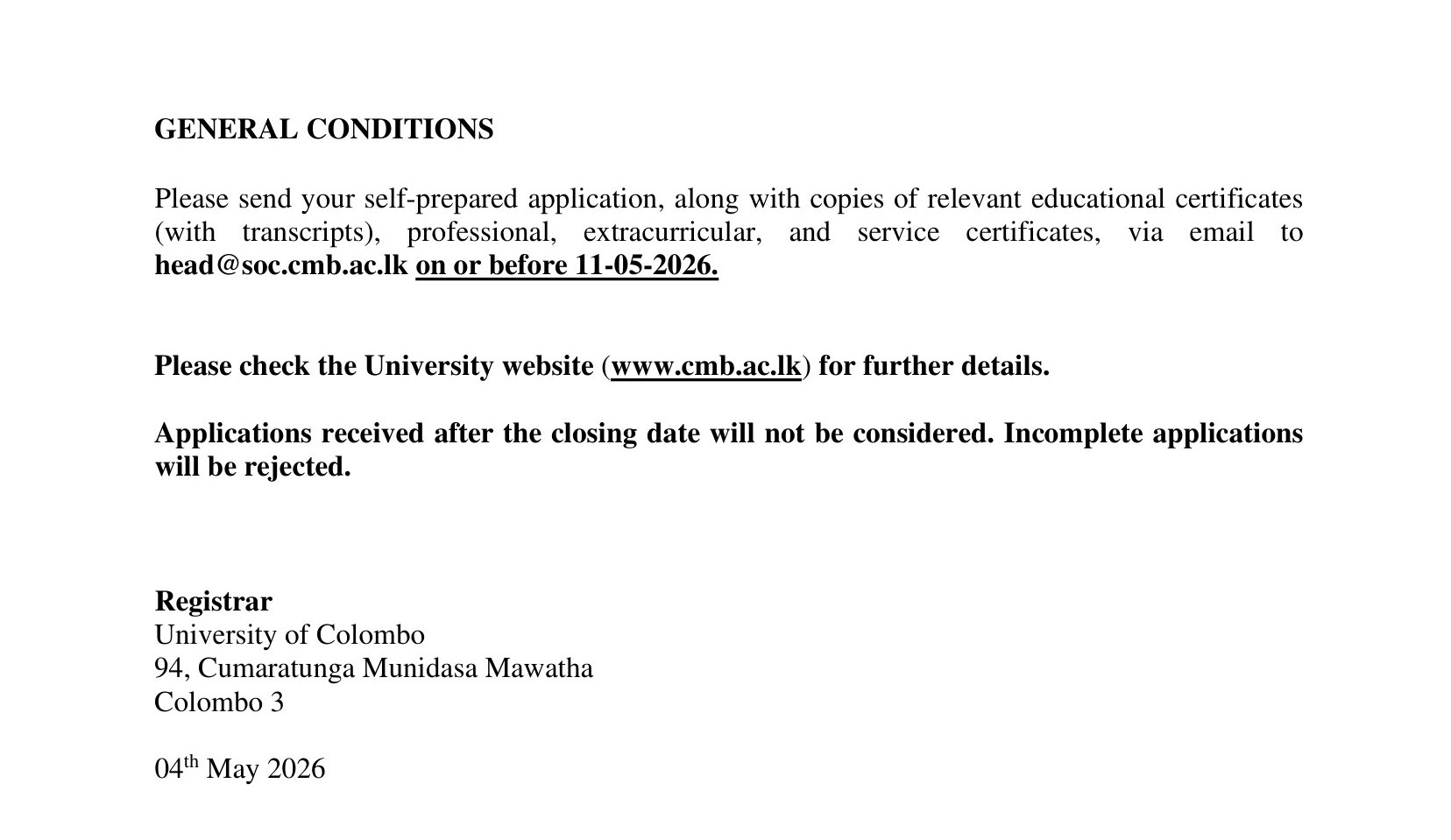 Temporary Assistant Lecturer - University of Colombo