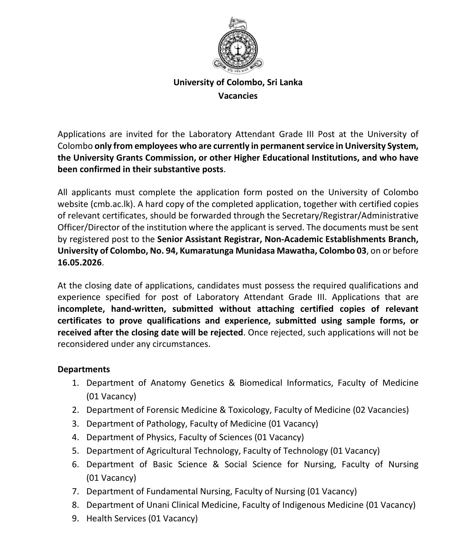 Laboratory Attendant - University of Colombo