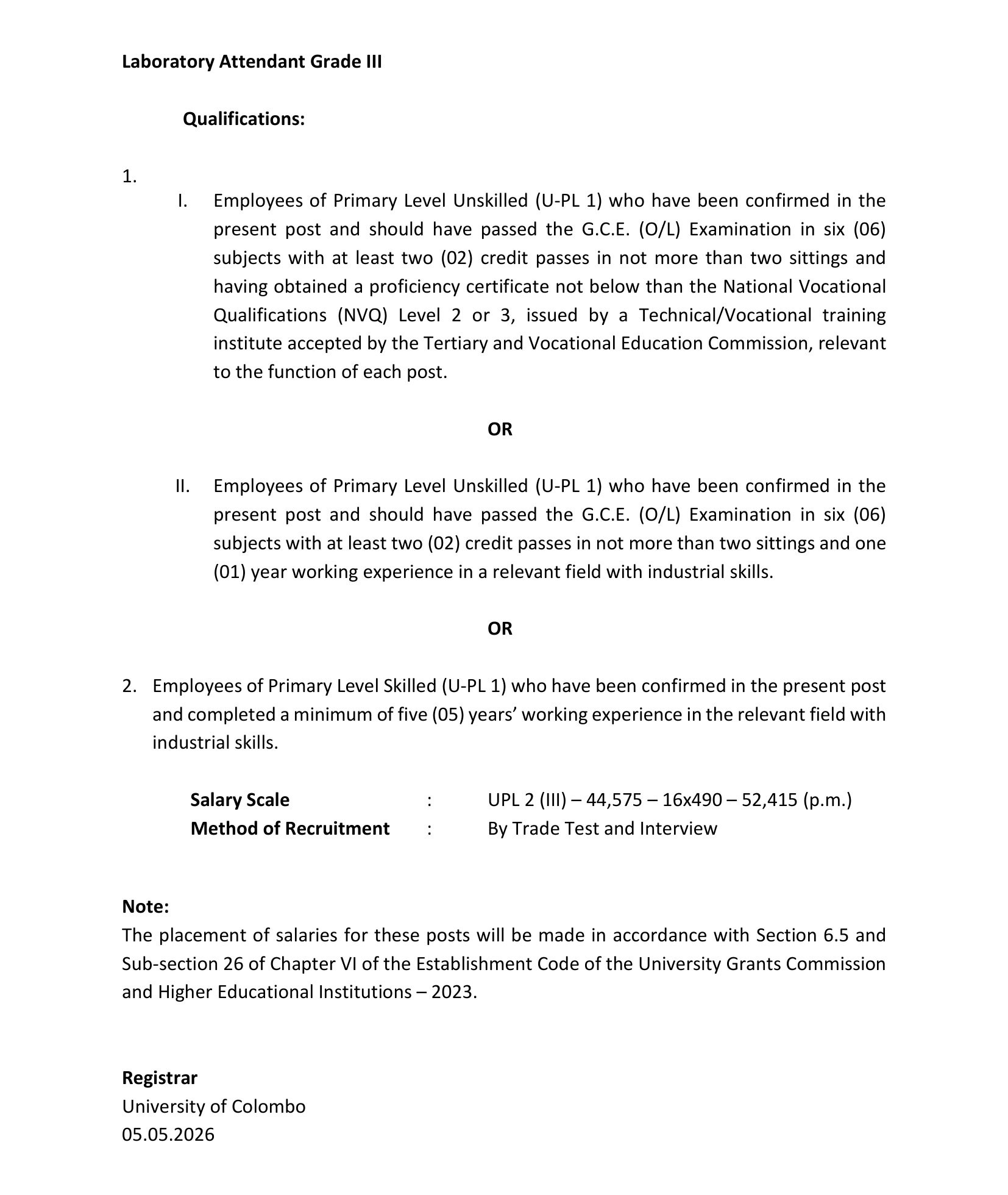 Laboratory Attendant - University of Colombo