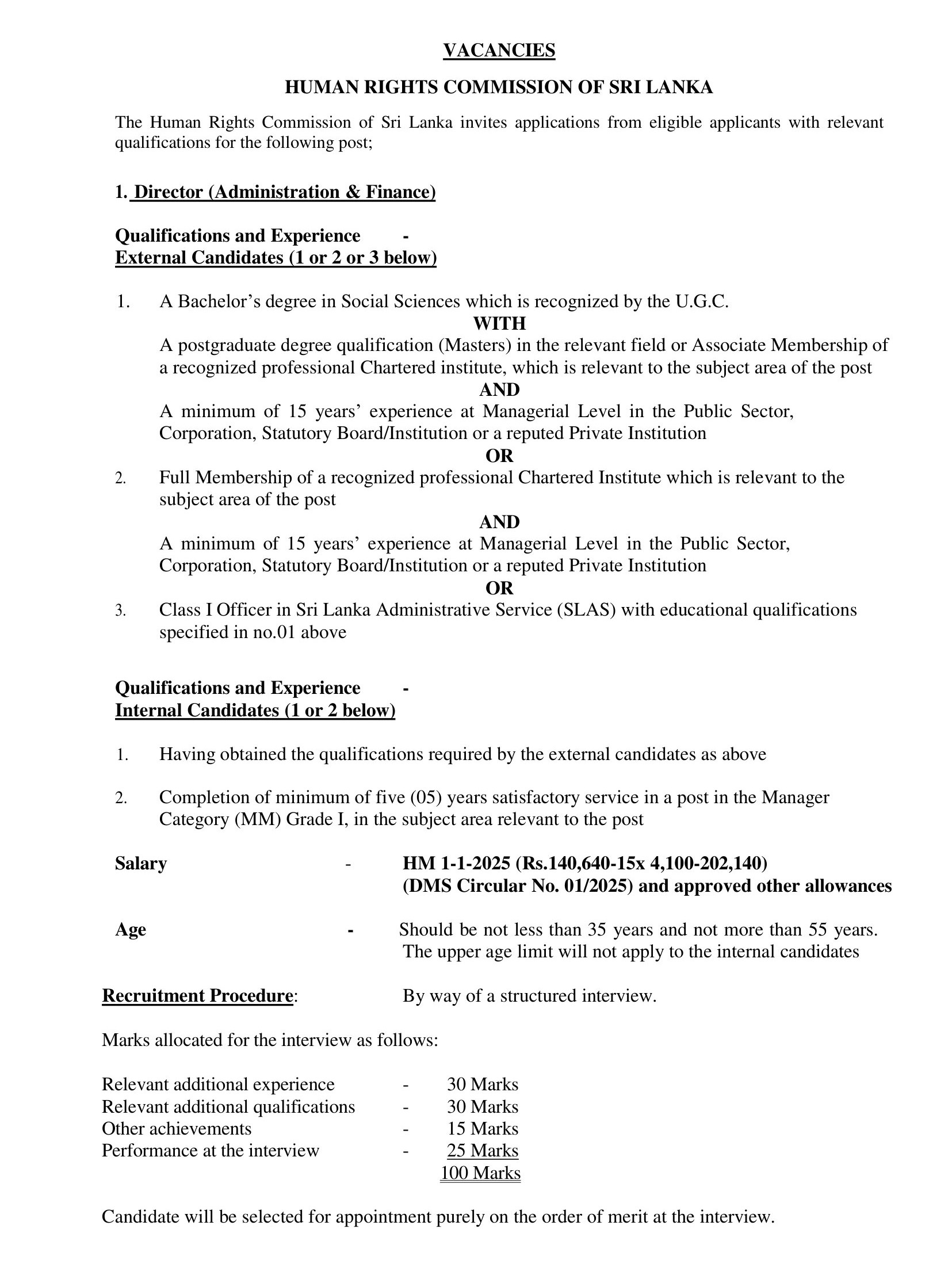 Director (Administration & Finance) - Human Rights Commission of Sri Lanka
