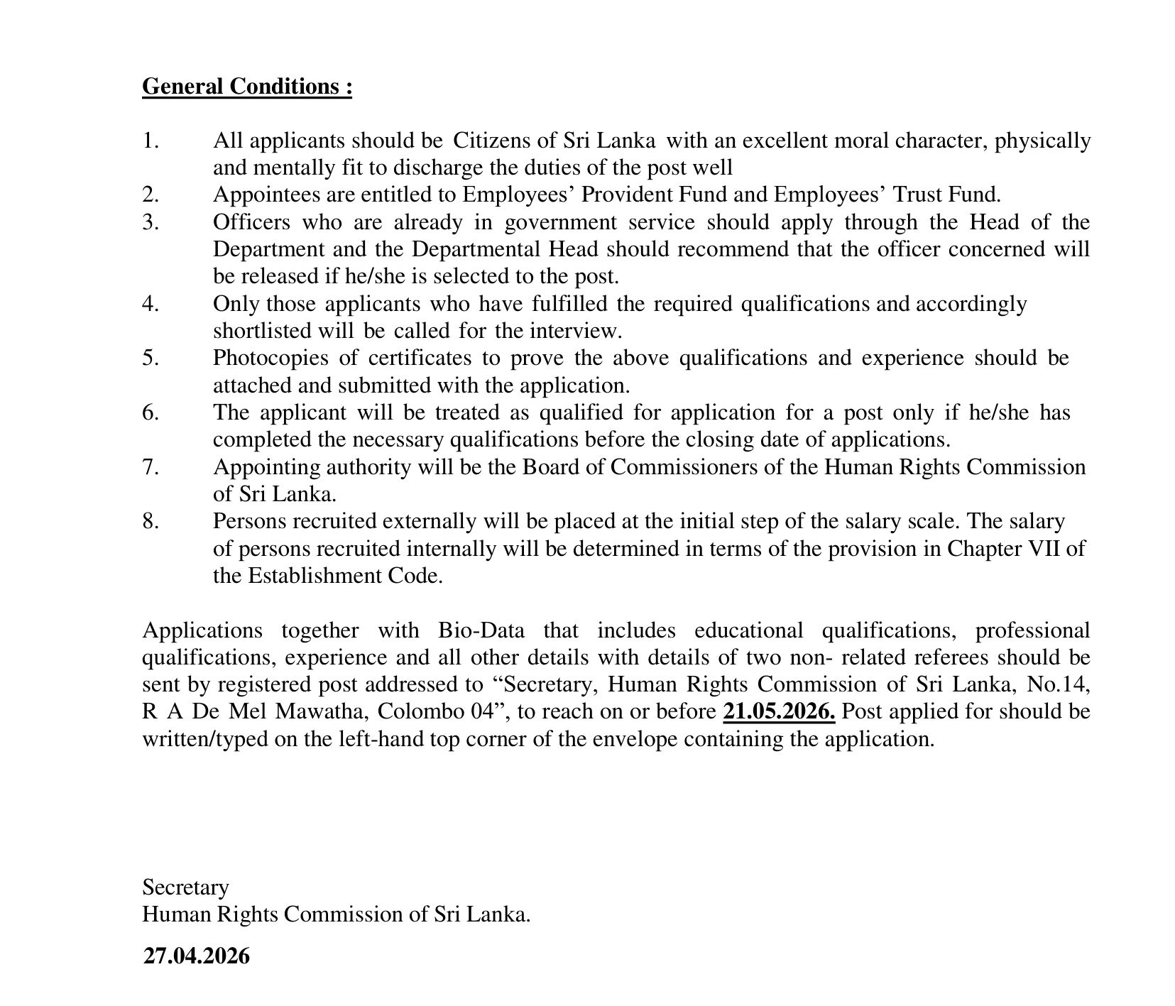 Director (Administration & Finance) - Human Rights Commission of Sri Lanka