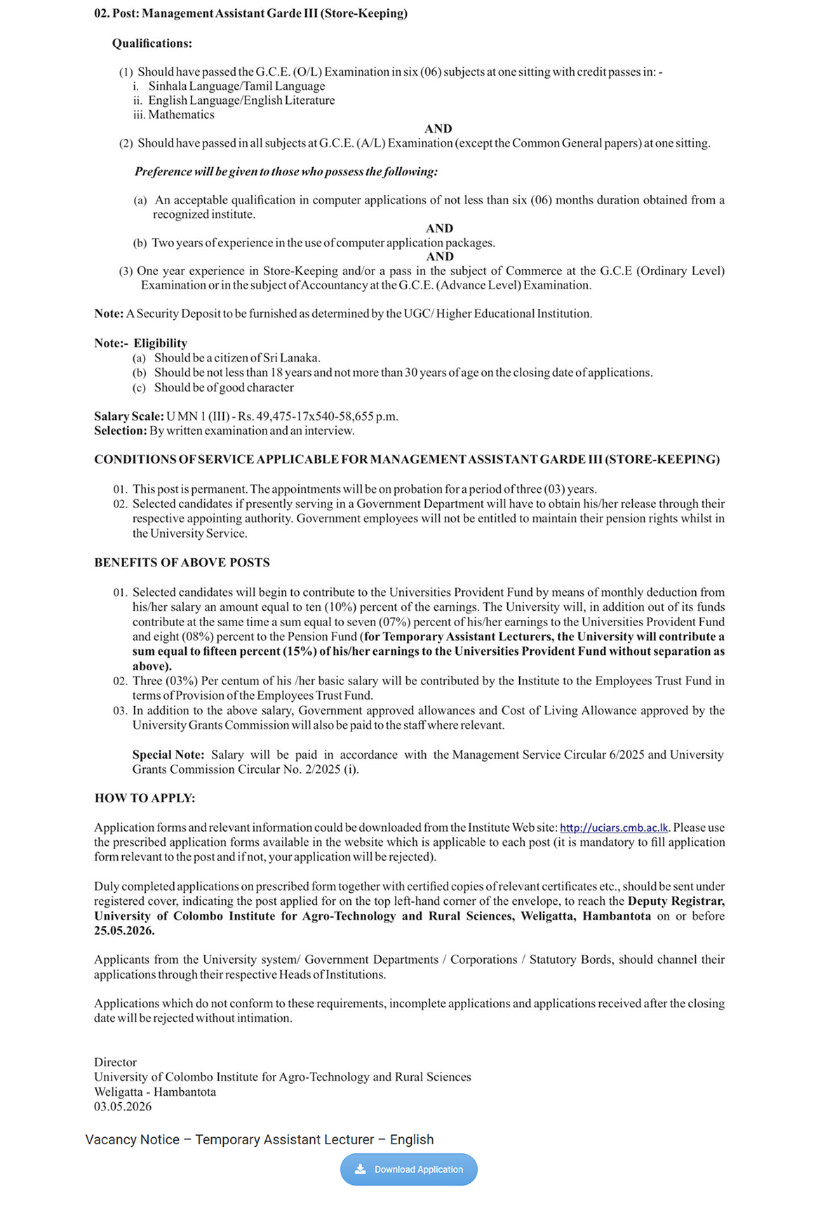 Management Assistant (Store Keeping) - University of Colombo Institute for Agro Technology & Rural Science 
