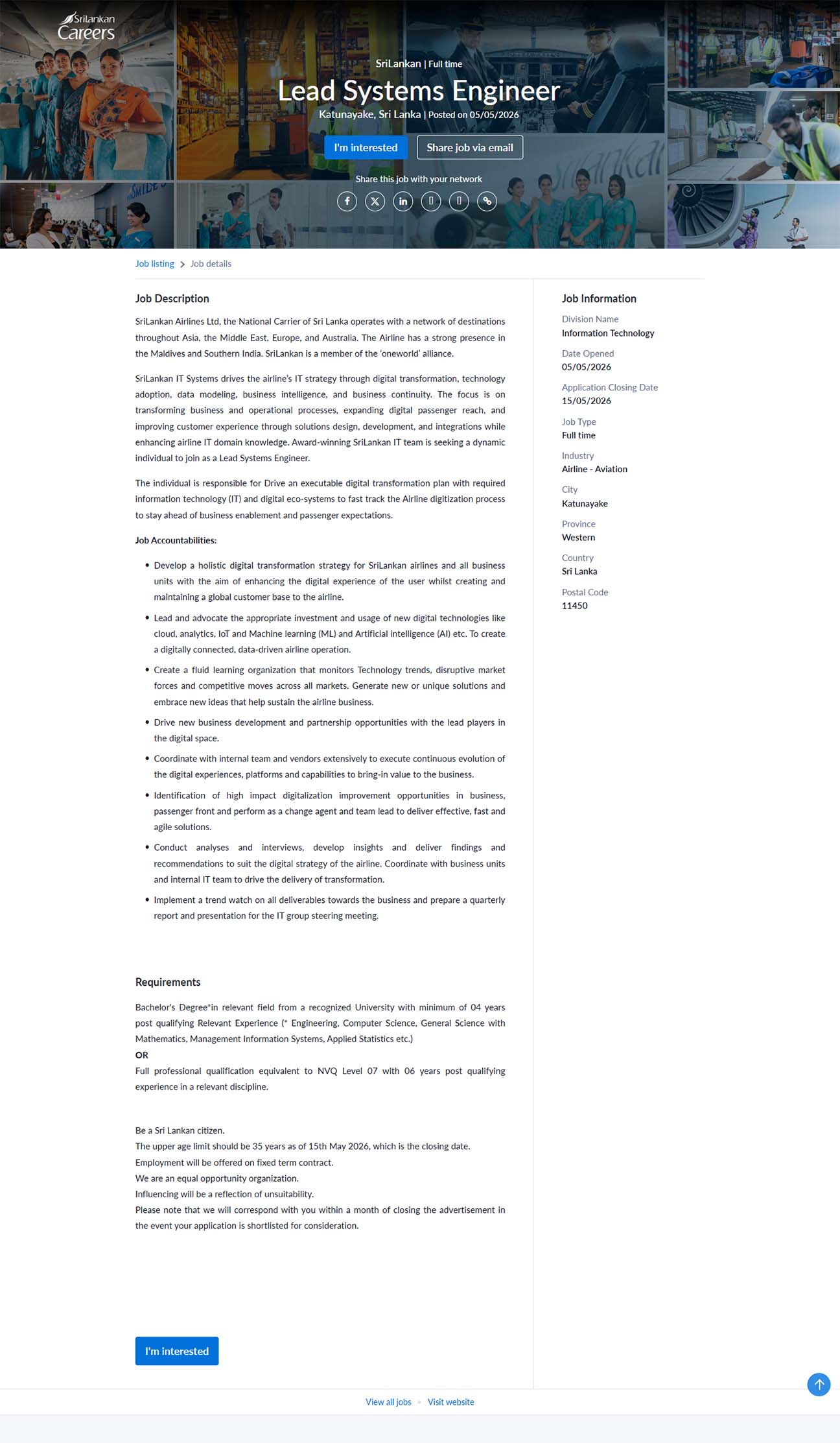 Lead Systems Engineer - SriLankan Airlines Limited