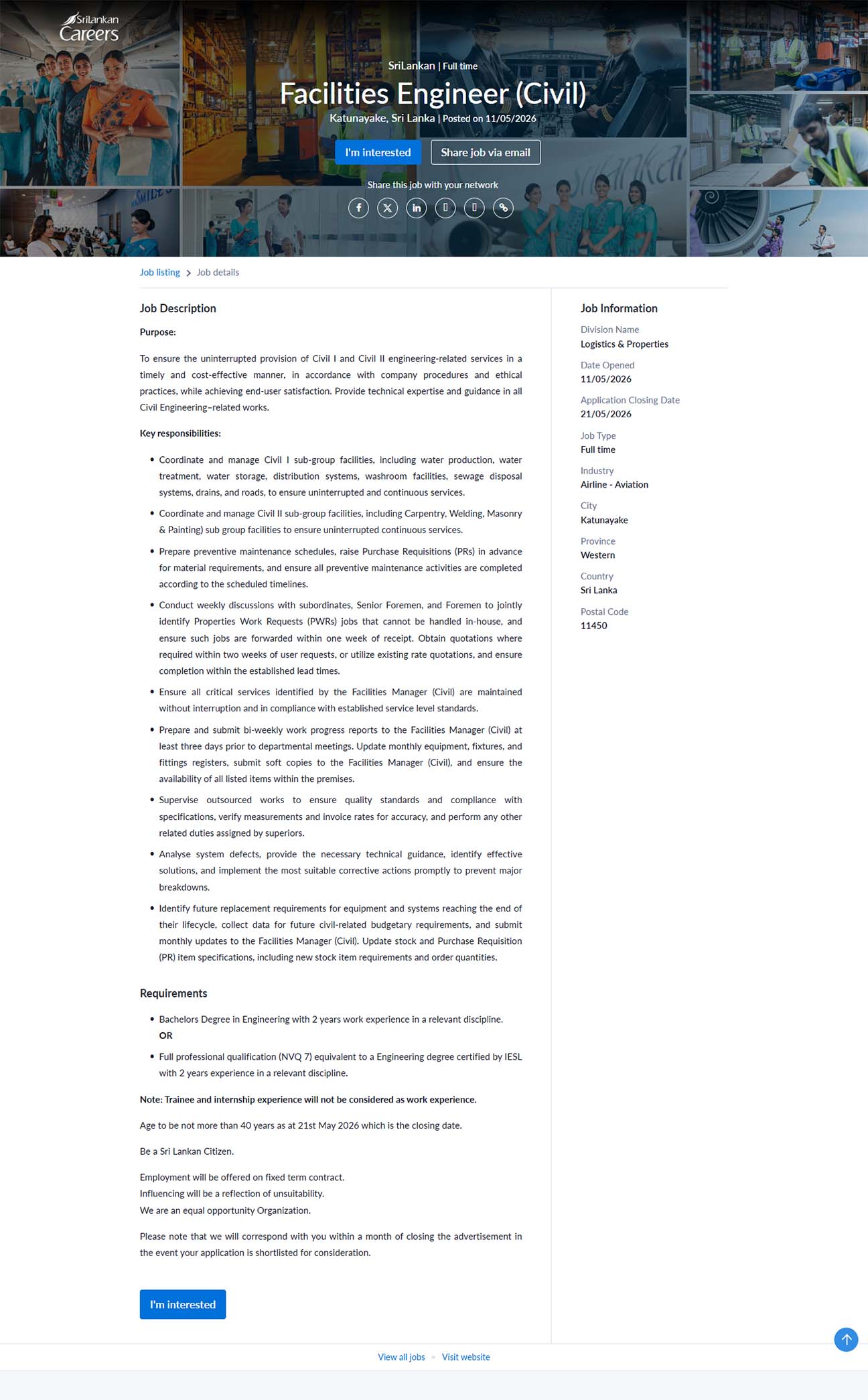 Facilities Engineer (Civil) - SriLankan Airlines Limited