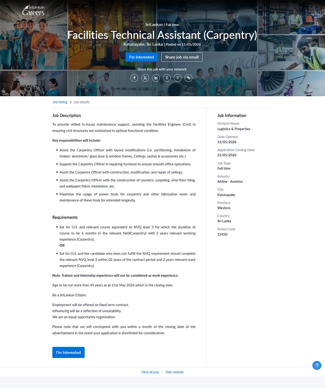 Facilities Technical Assistant (Carpentry) - SriLankan Airlines Limited