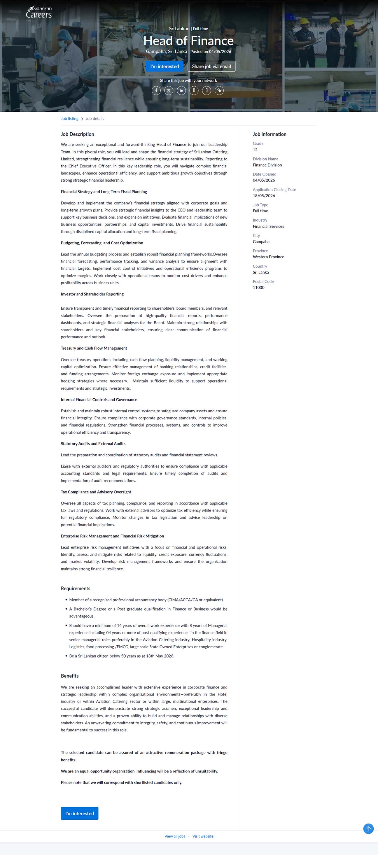 Head of Finance - SriLankan Catering