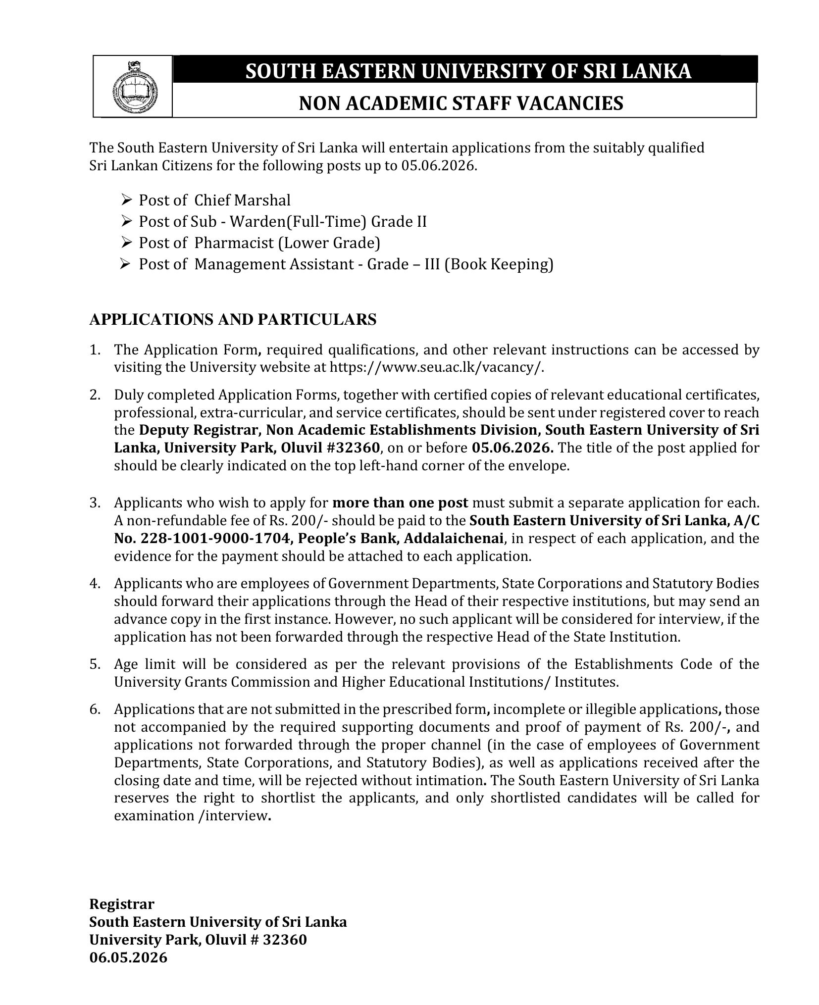 Management Assistant (Book Keeping), Chief Marshal, Sub Warden, Pharmacist - South Eastern University of Sri Lanka