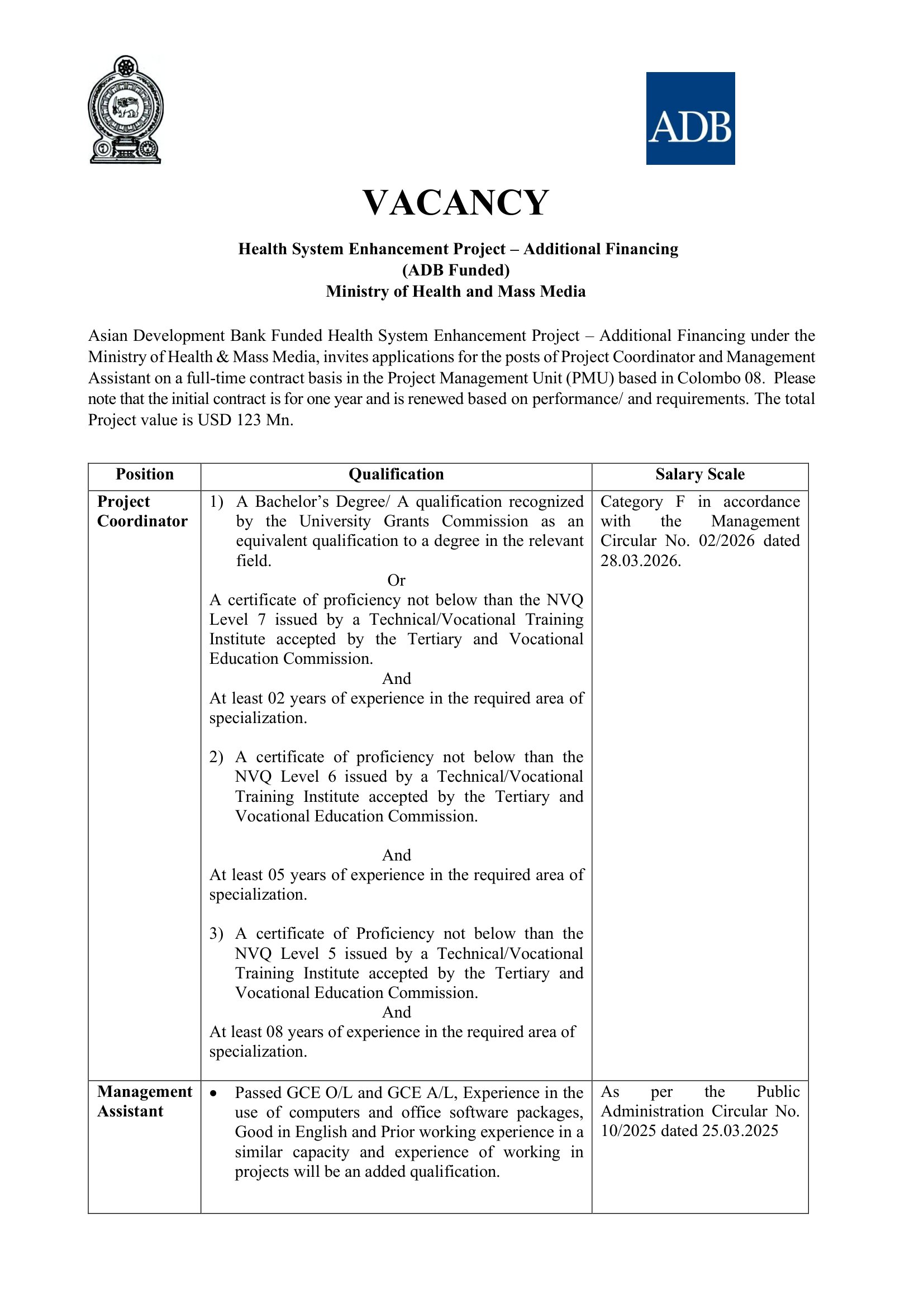 Management Assistant, Project Coordinator - Health System Enhancement Project - Ministry of Health and Mass Media