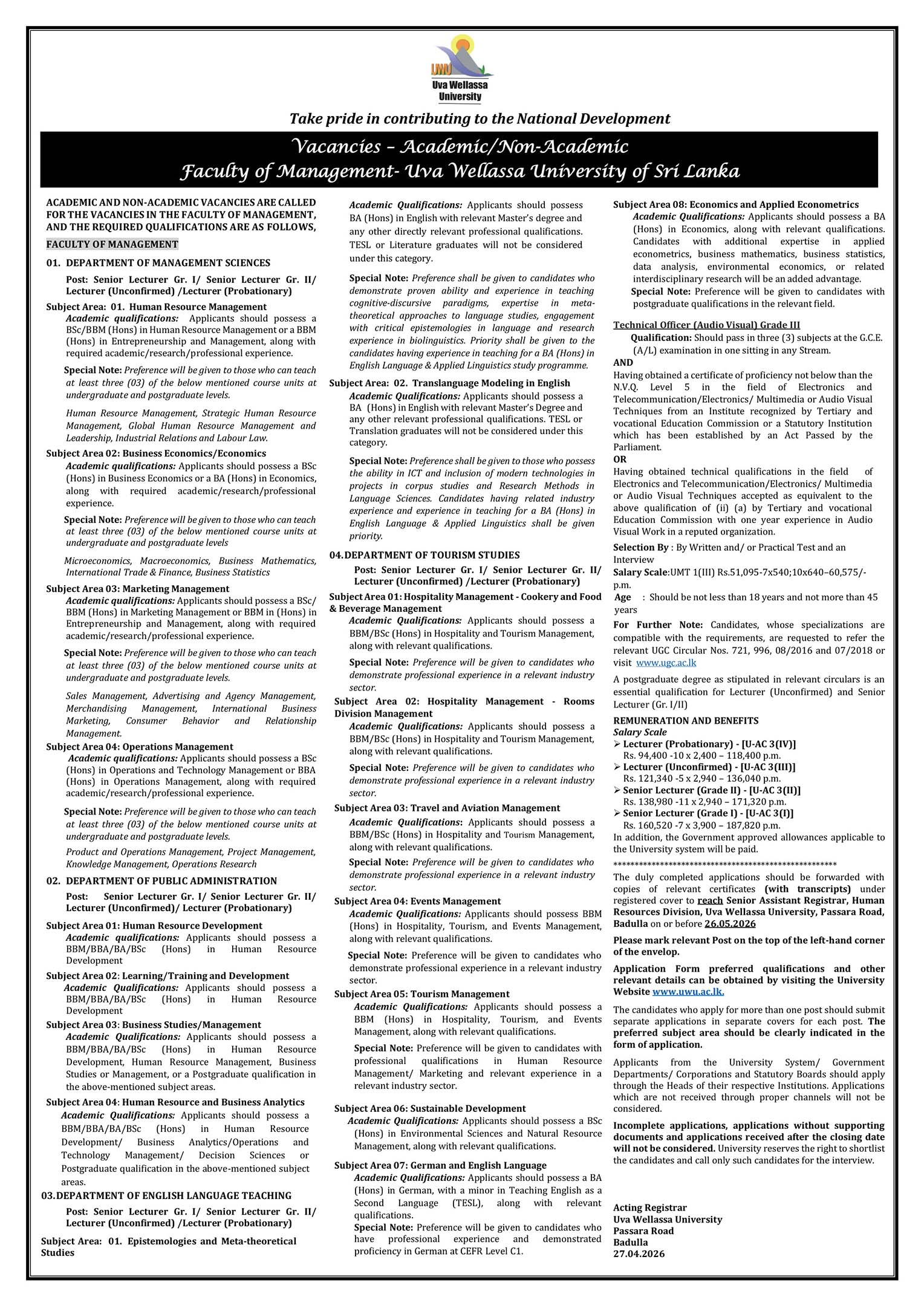 Lecturer, Senior Lecturer, Technical Officer (Audio Visual) - Uva Wellassa University