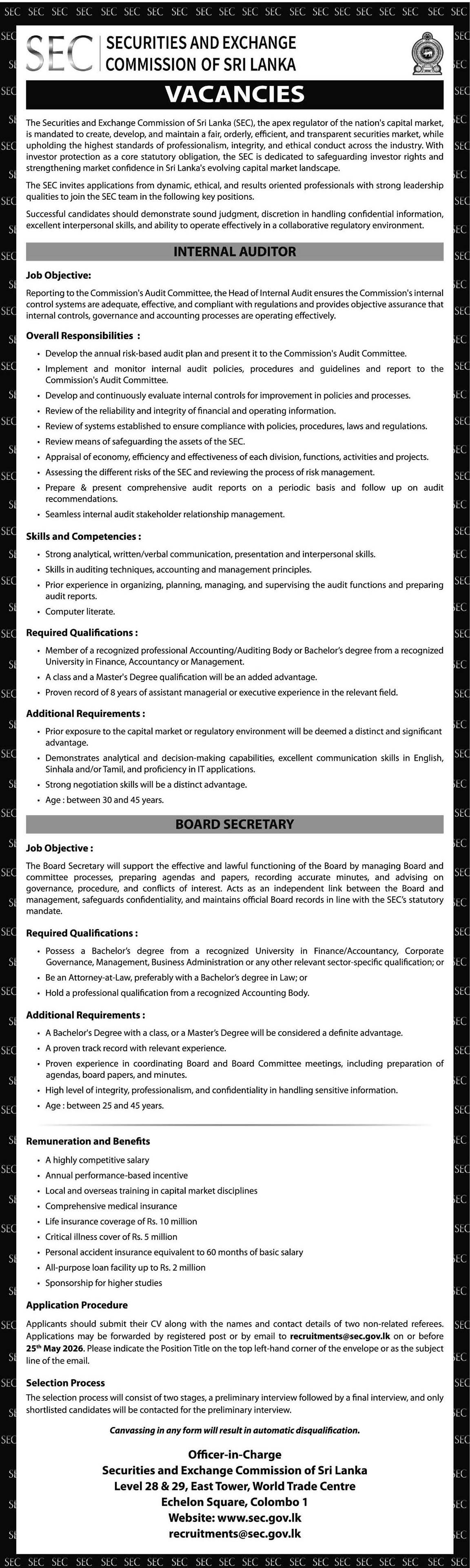 Internal Auditor, Board Secretary - Securities & Exchange Commission of Sri Lanka
