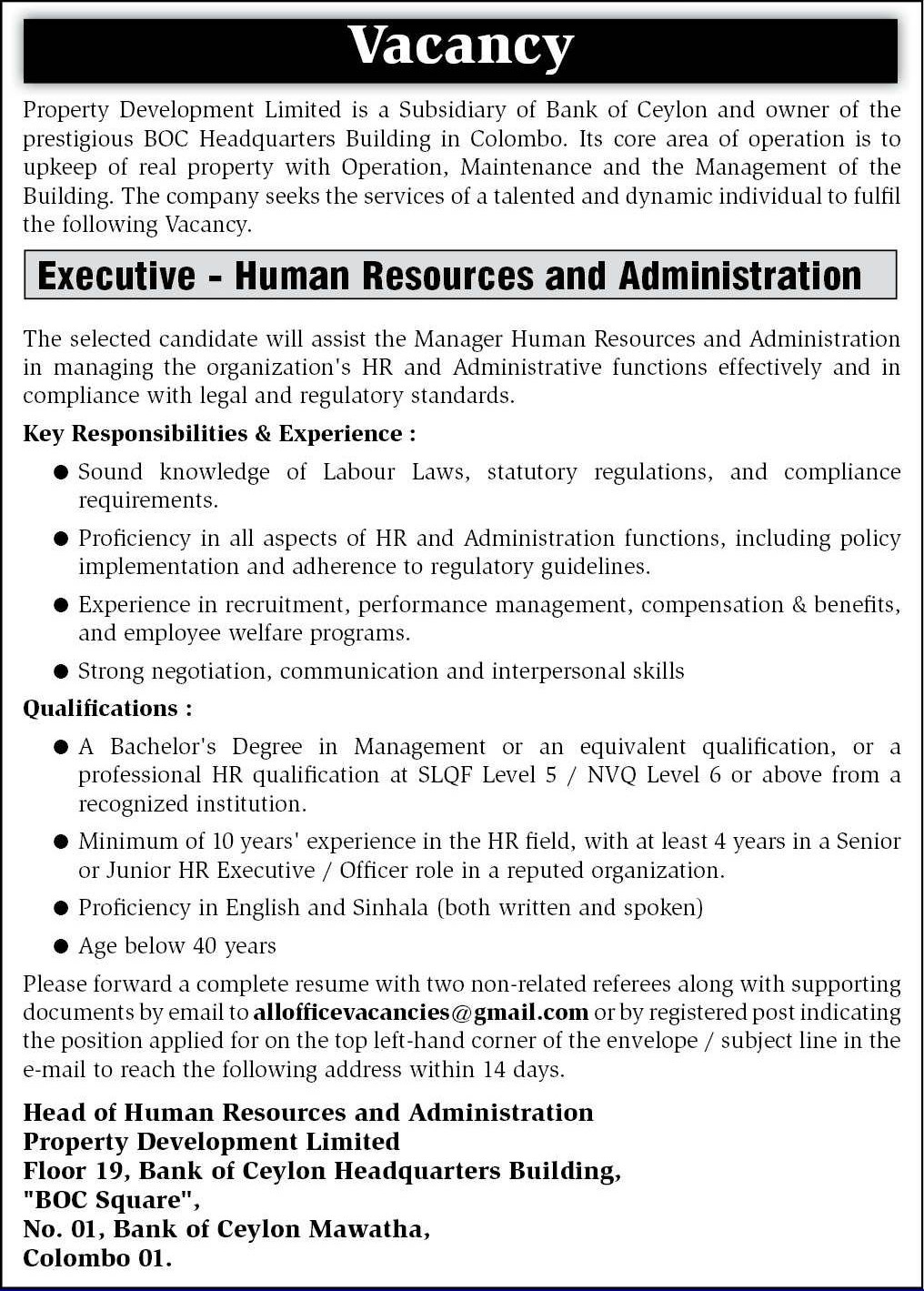 Executive (Human Resources & Administration) - Property Development Limited
