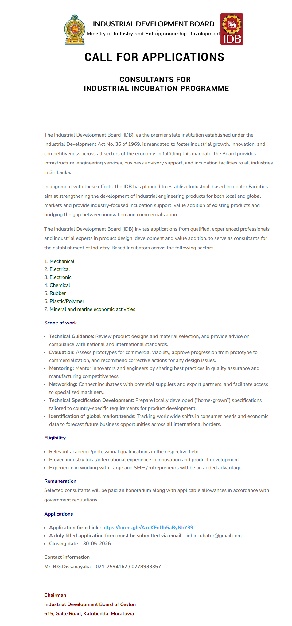 Consultant - Industrial Development Board 