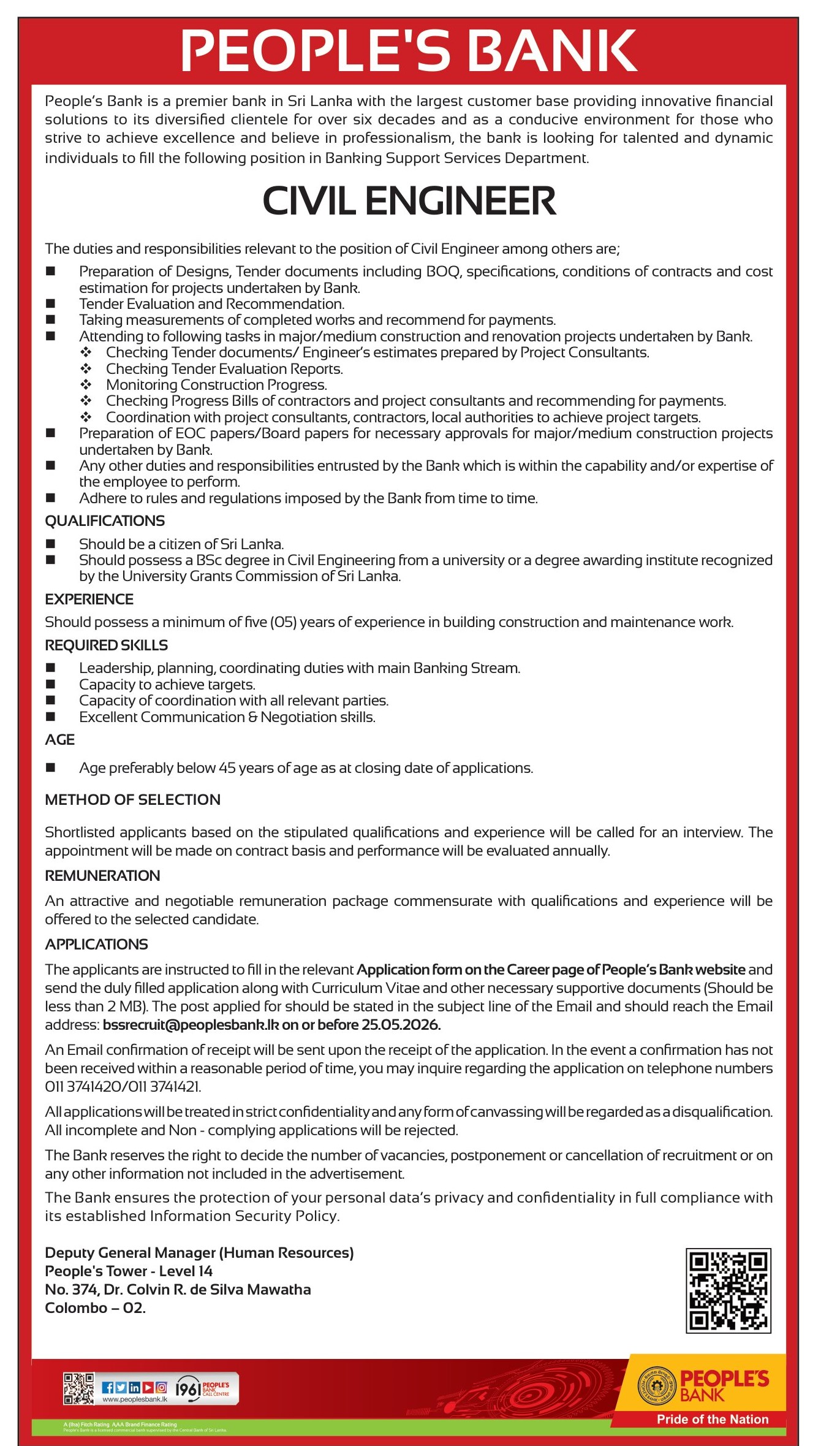 Civil Engineer, Electrical Engineer, Facility Engineer, Assistant Engineer - People's Bank