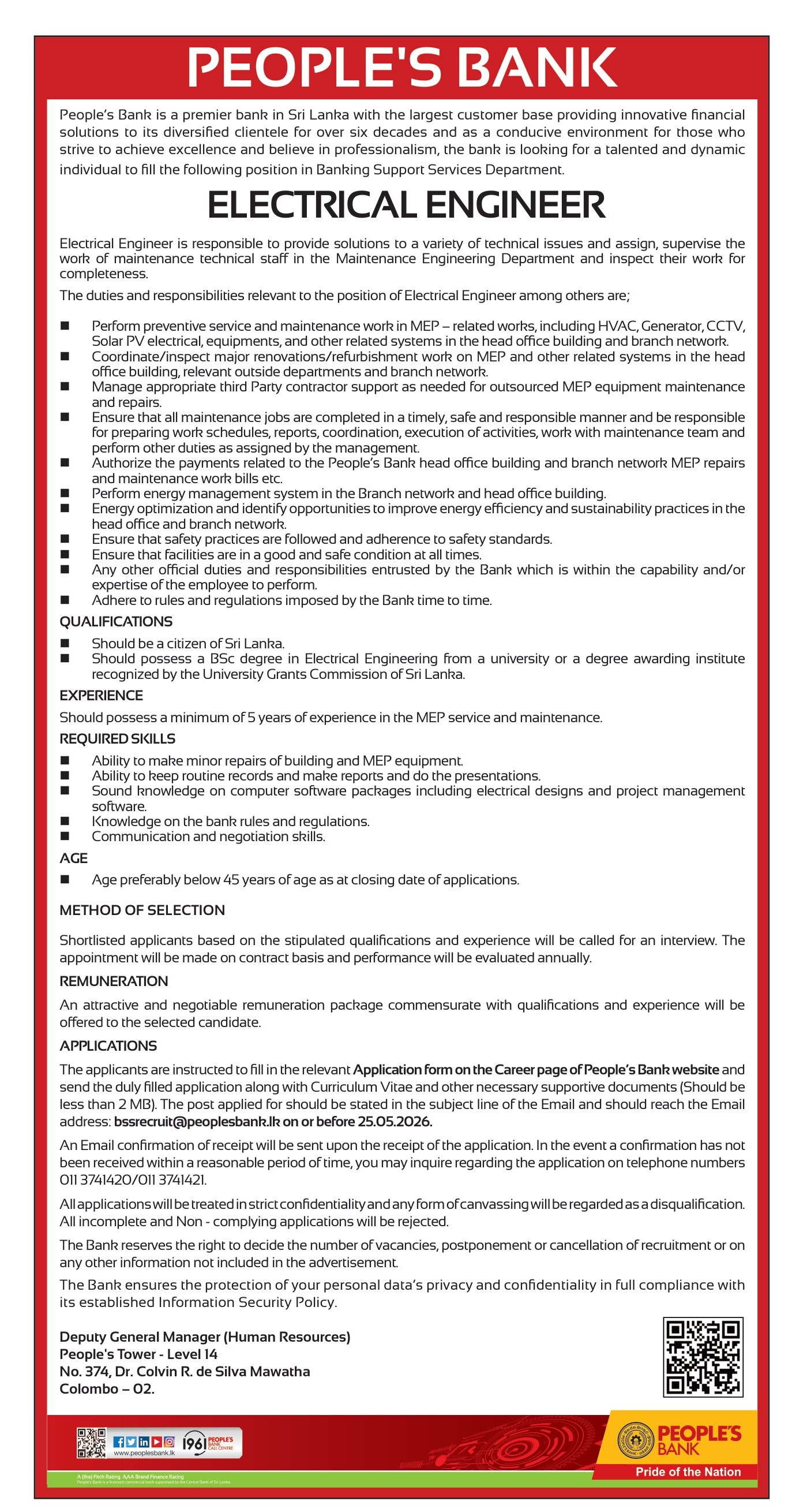 Civil Engineer, Electrical Engineer, Facility Engineer, Assistant Engineer - People's Bank