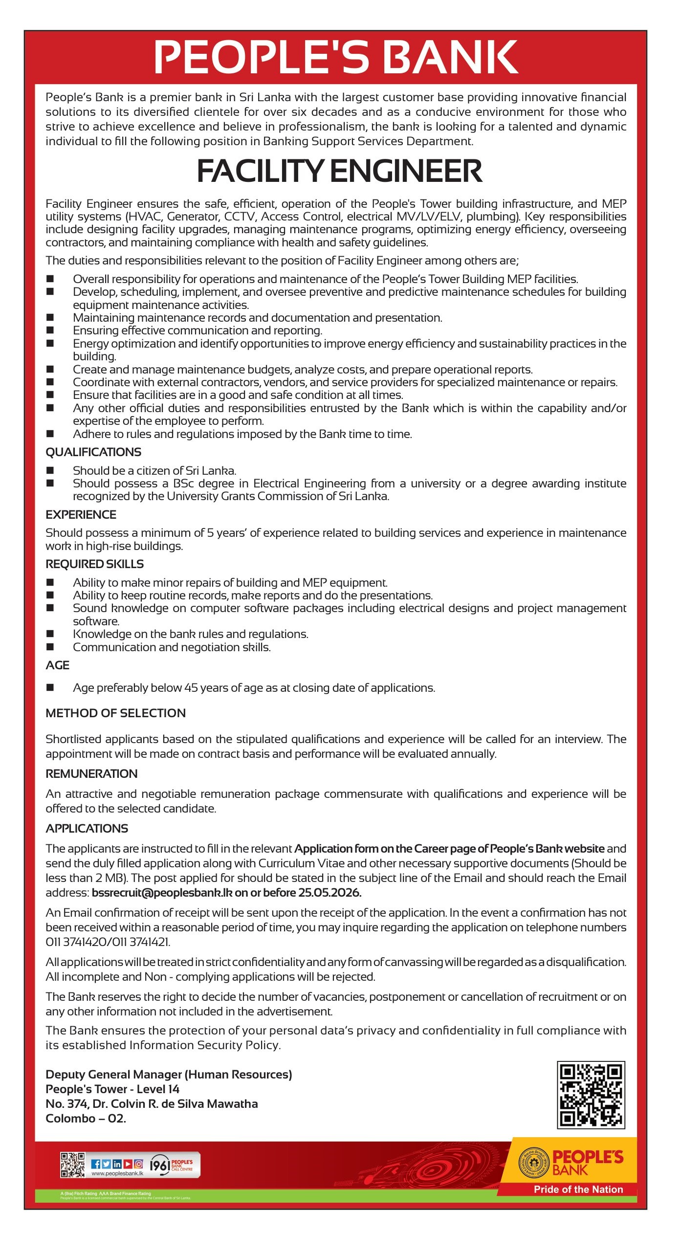 Civil Engineer, Electrical Engineer, Facility Engineer, Assistant Engineer - People's Bank