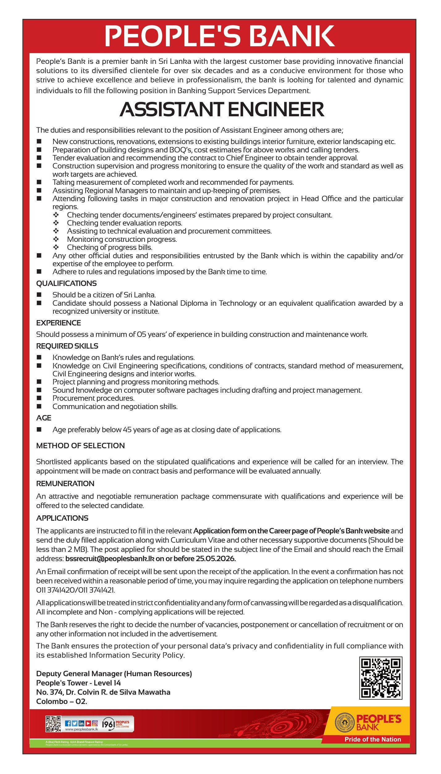 Civil Engineer, Electrical Engineer, Facility Engineer, Assistant Engineer - People's Bank