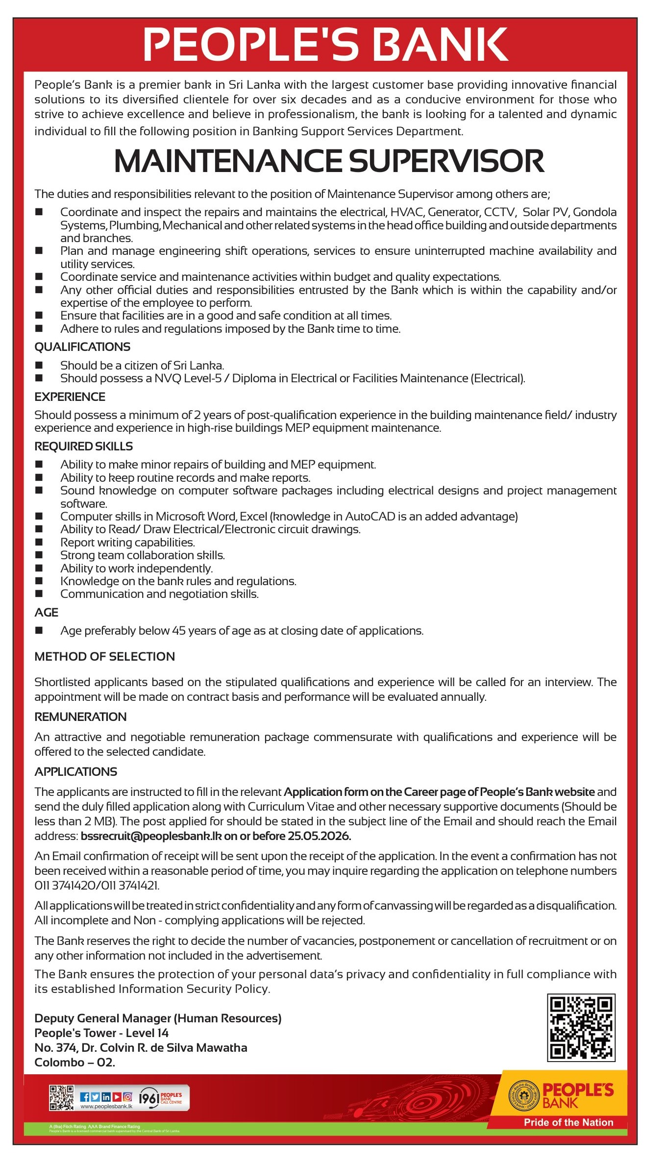 Maintenance Supervisor, Court Clerk, Chief Manager (Technology Risk) - People's Bank
