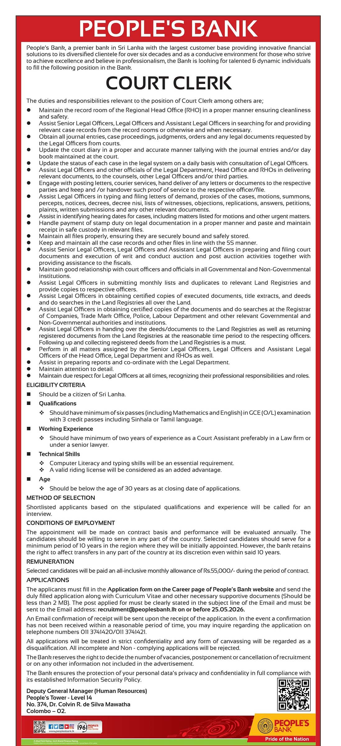 Maintenance Supervisor, Court Clerk, Chief Manager (Technology Risk) - People's Bank