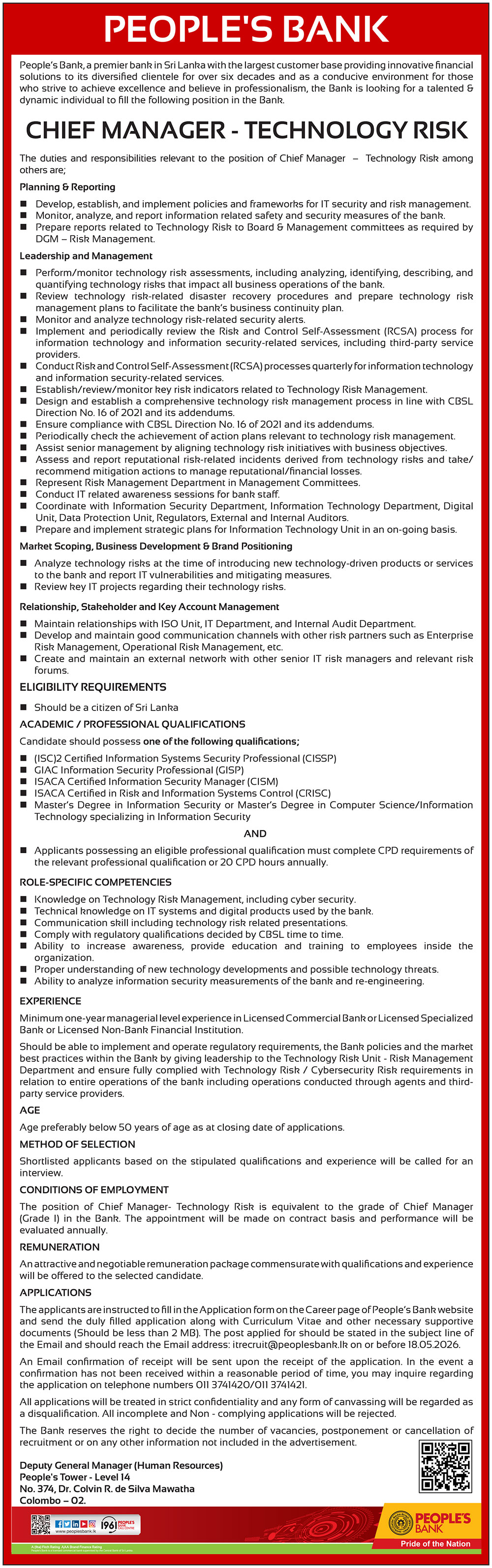 Maintenance Supervisor, Court Clerk, Chief Manager (Technology Risk) - People's Bank