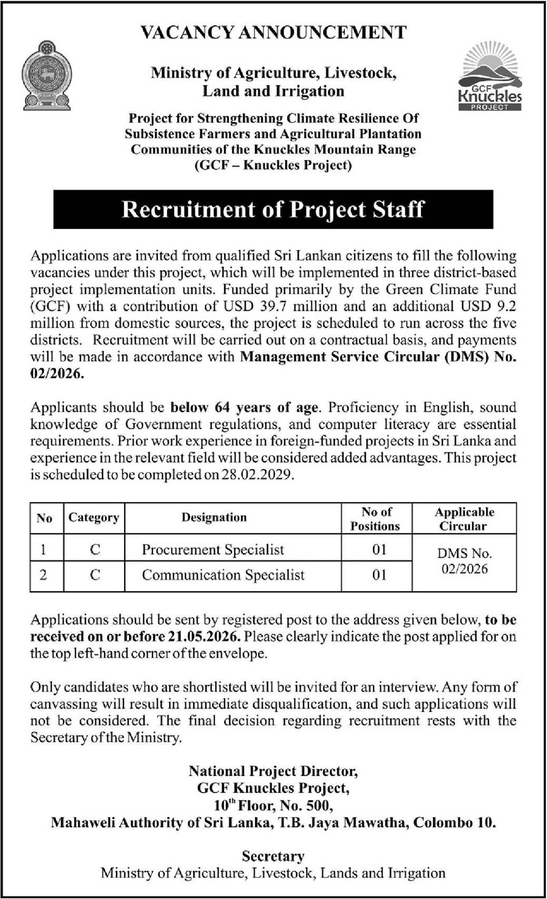 Procurement Specialist, Communication Specialist - Ministry of Agriculture, Livestock, Lands & Irrigation