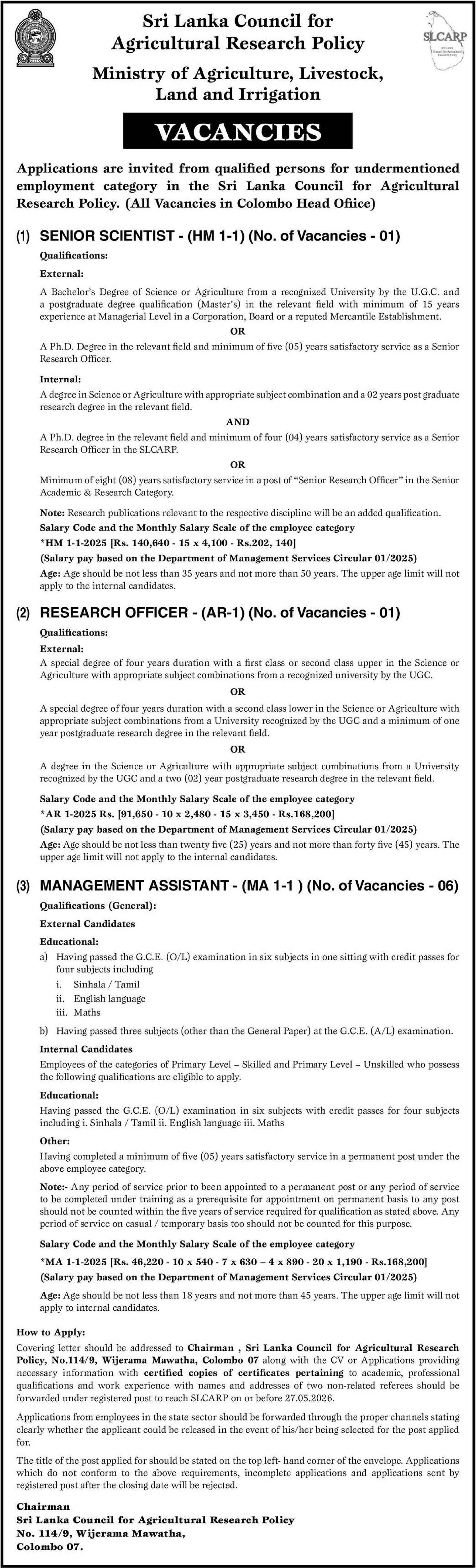 Management Assistant, Senior Scientist, Research Officer - Sri Lanka Council for Agricultural Research Policy