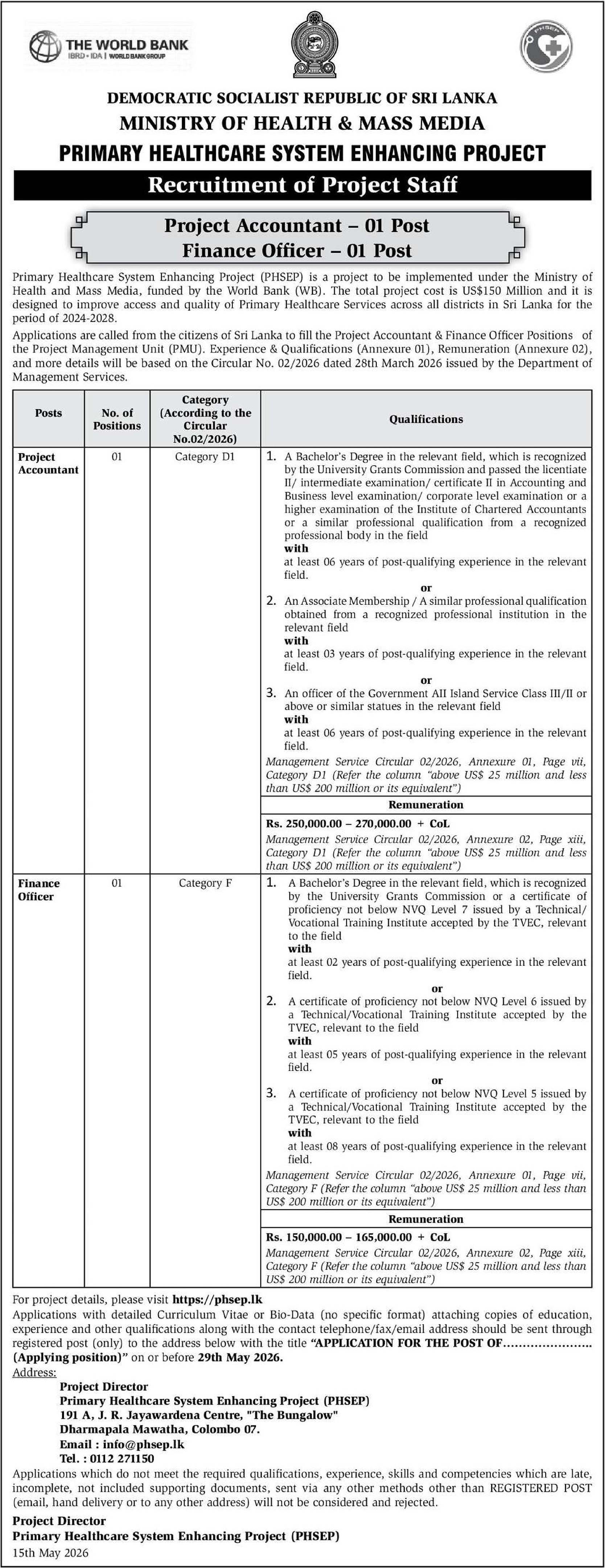 Project Accountant, Finance Officer - Primary Healthcare System Enhancing Project - Ministry of Health & Mass Media