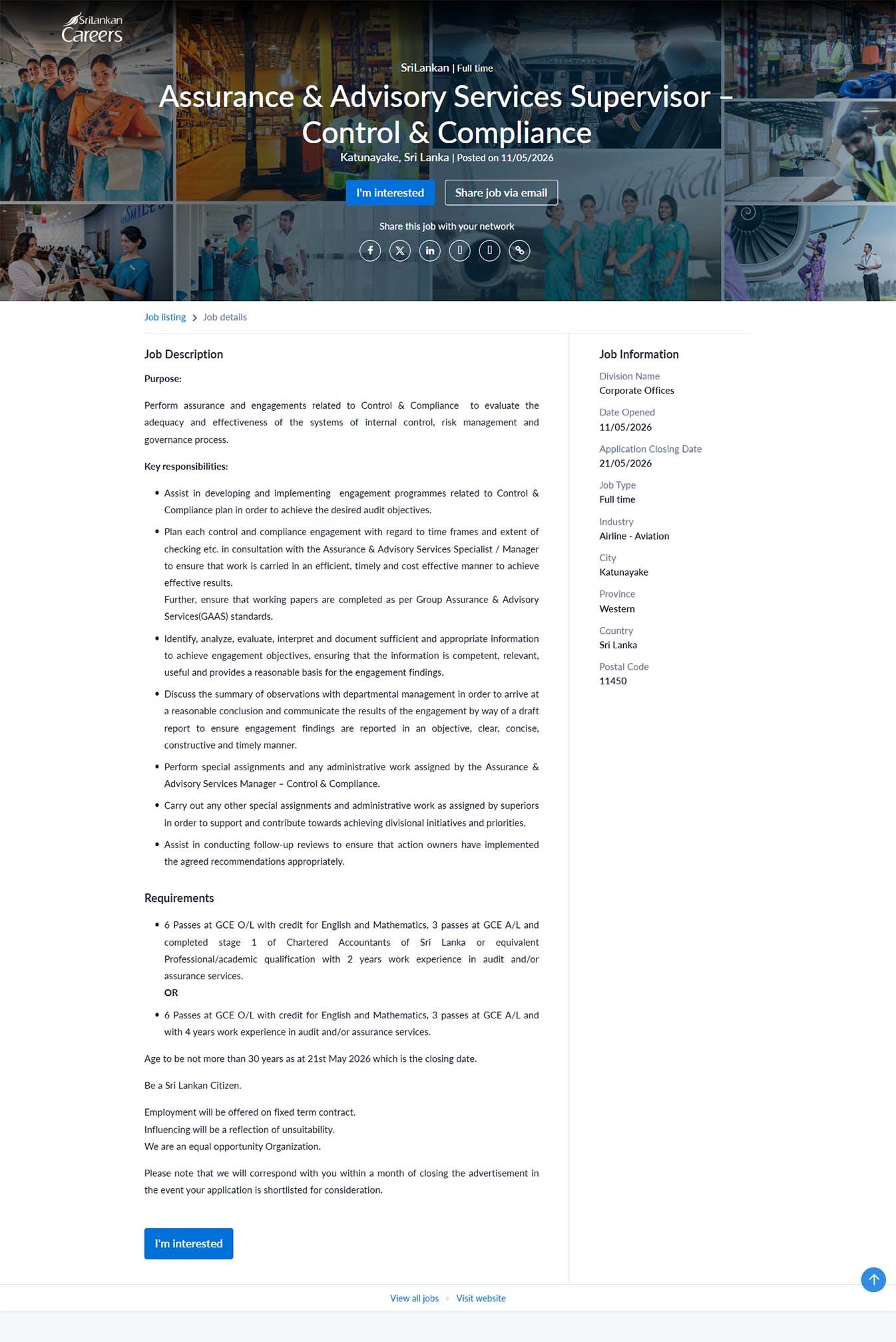 Assurance & Advisory Services Supervisor (Control & Compliance) - SriLankan Airlines Limited