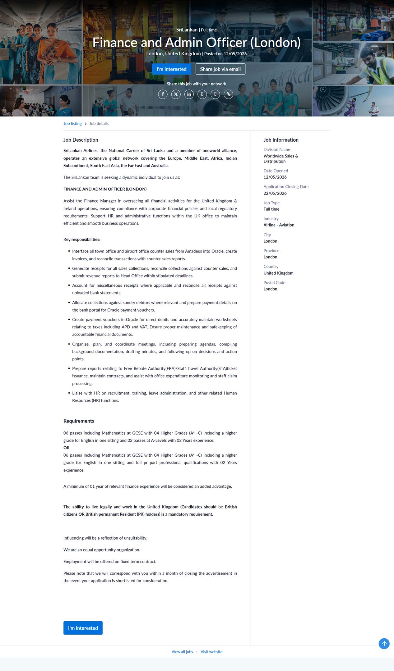Finance and Admin Officer (London) - SriLankan Airlines Limited