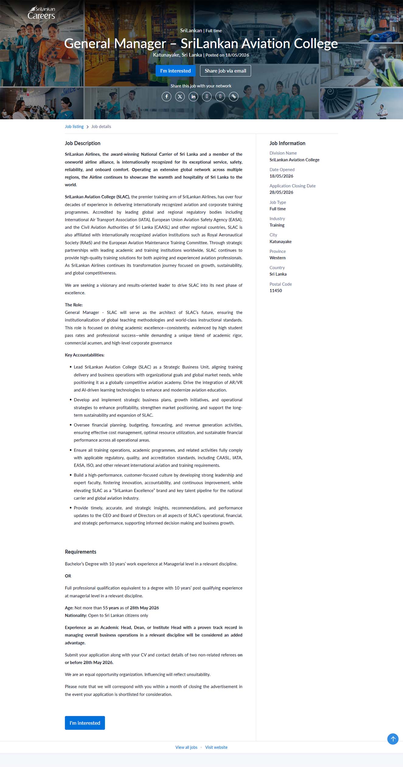 General Manager (SriLankan Aviation College) - SriLankan Airlines Limited