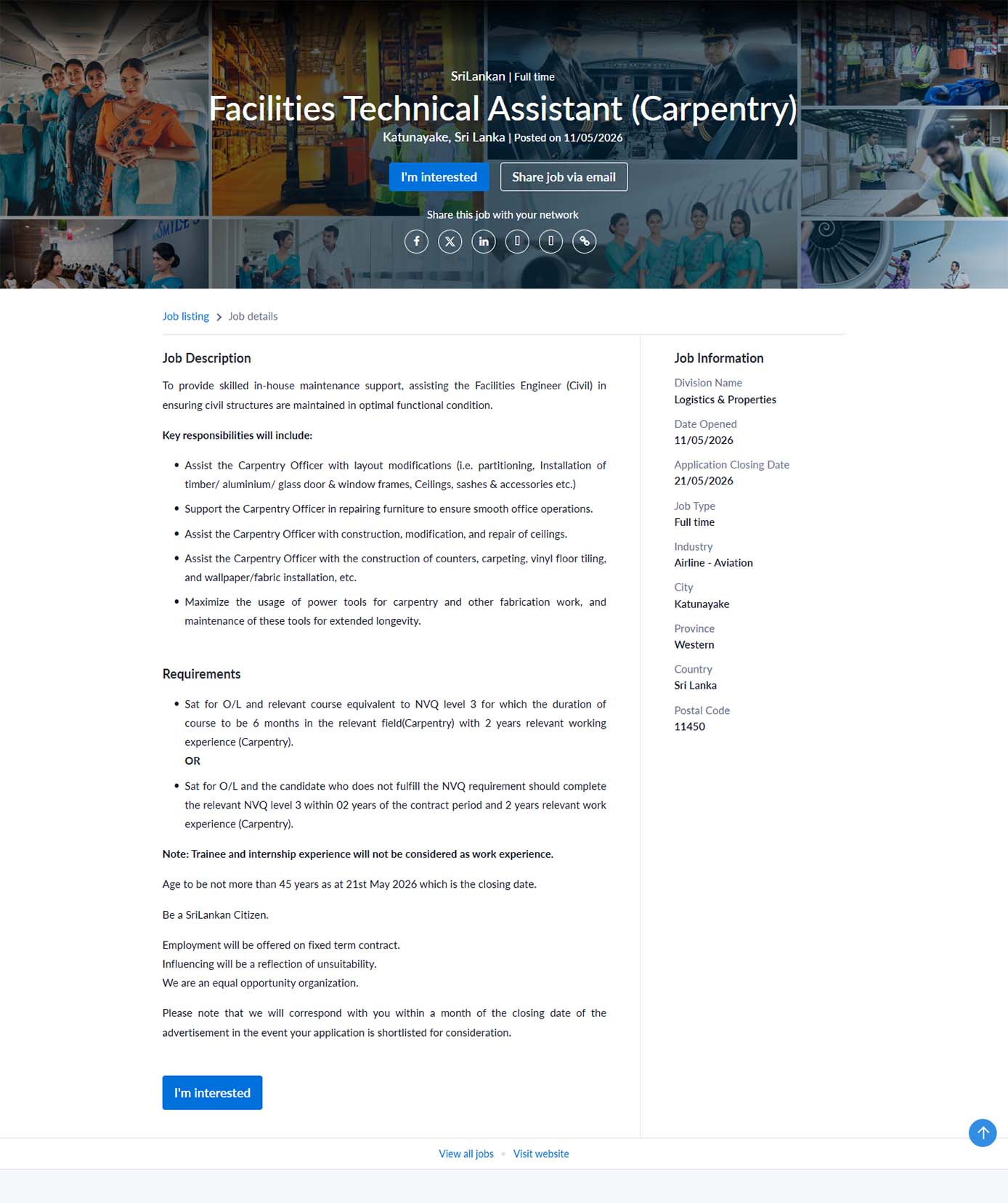 Facilities Technical Assistant (Carpentry) - SriLankan Airlines Limited