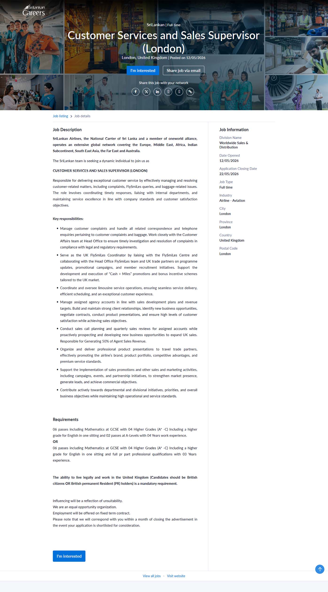 Customer Services and Sales Supervisor (London) - SriLankan Airlines Limited