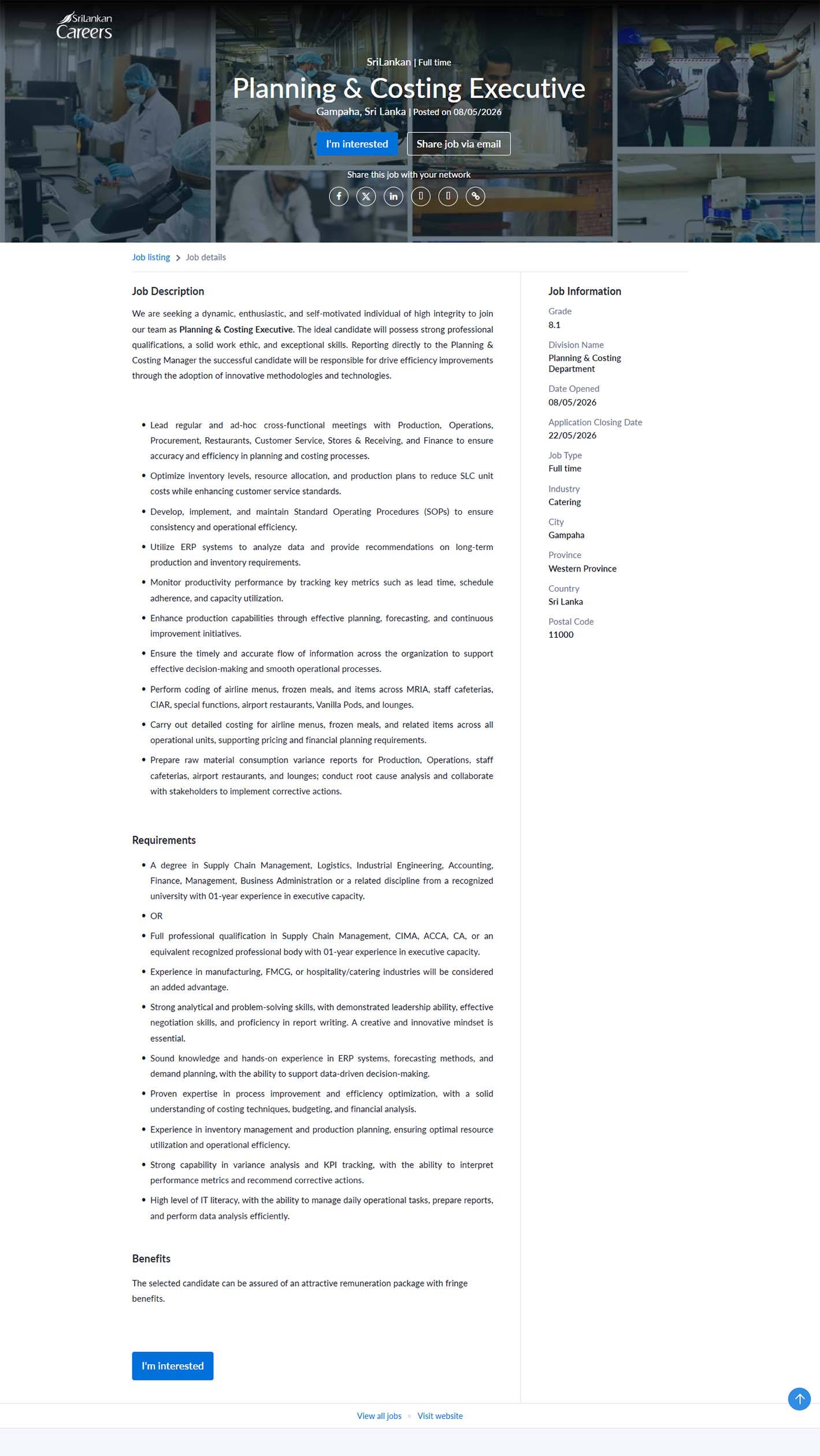Planning & Costing Executive - SriLankan Catering