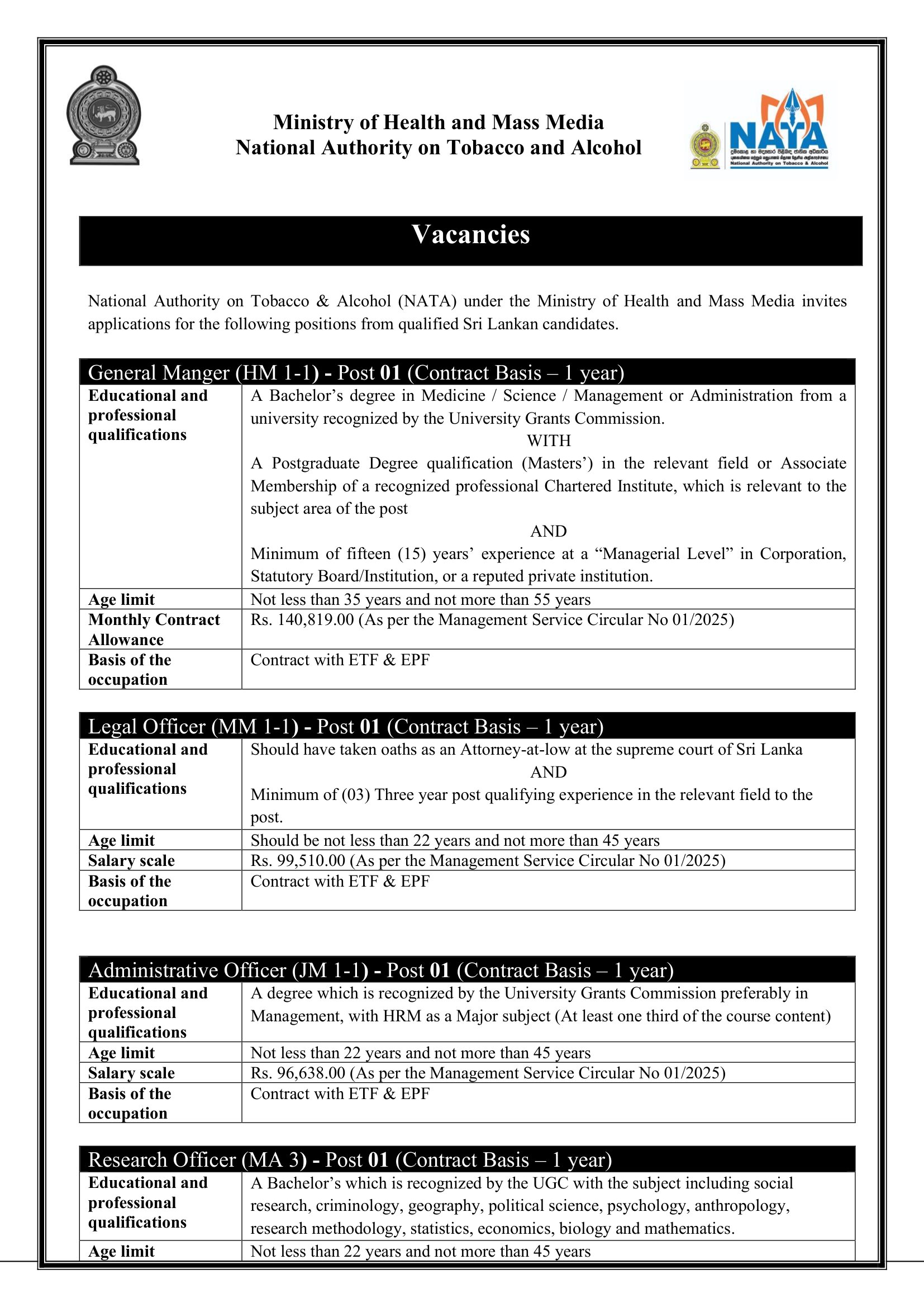 General Manager, Legal Officer, Administrative Officer, Research Officer, Development Officer, Driver - National Authority on Tobacco & Alcohol