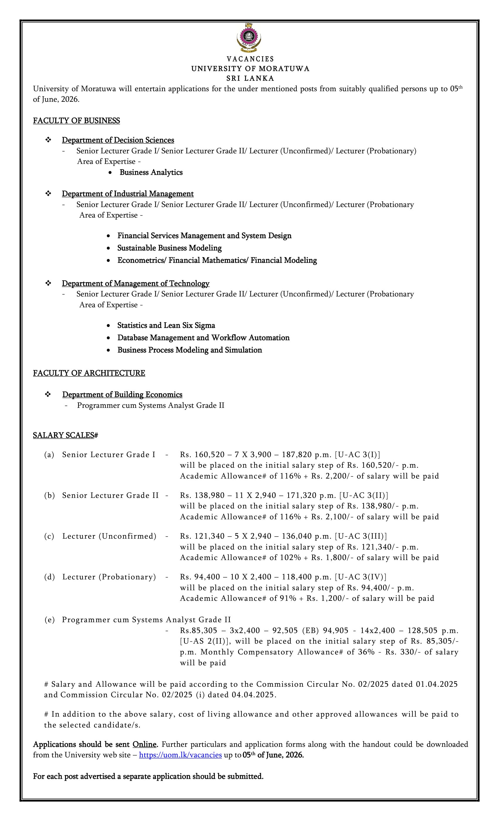 Senior Lecturer, Lecturer, Programmer/Systems Analyst - University of Moratuwa
