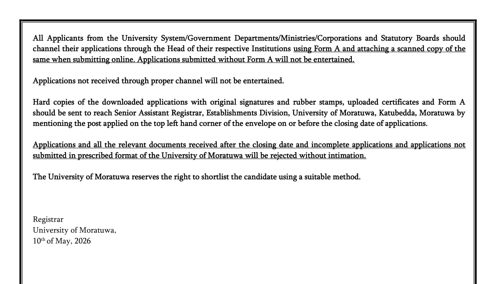 Senior Lecturer, Lecturer, Programmer/Systems Analyst - University of Moratuwa