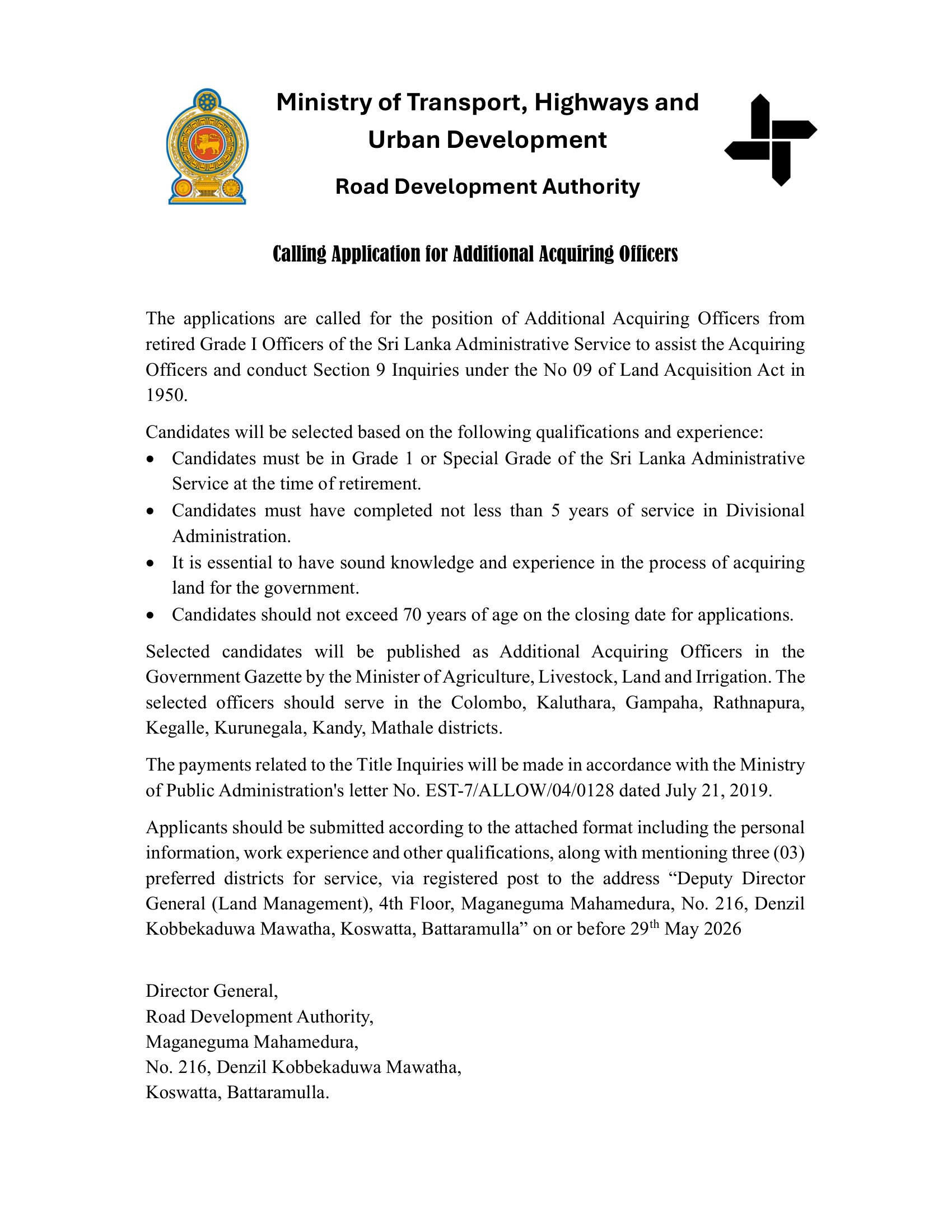 Additional Acquiring Officer - Road Development Authority