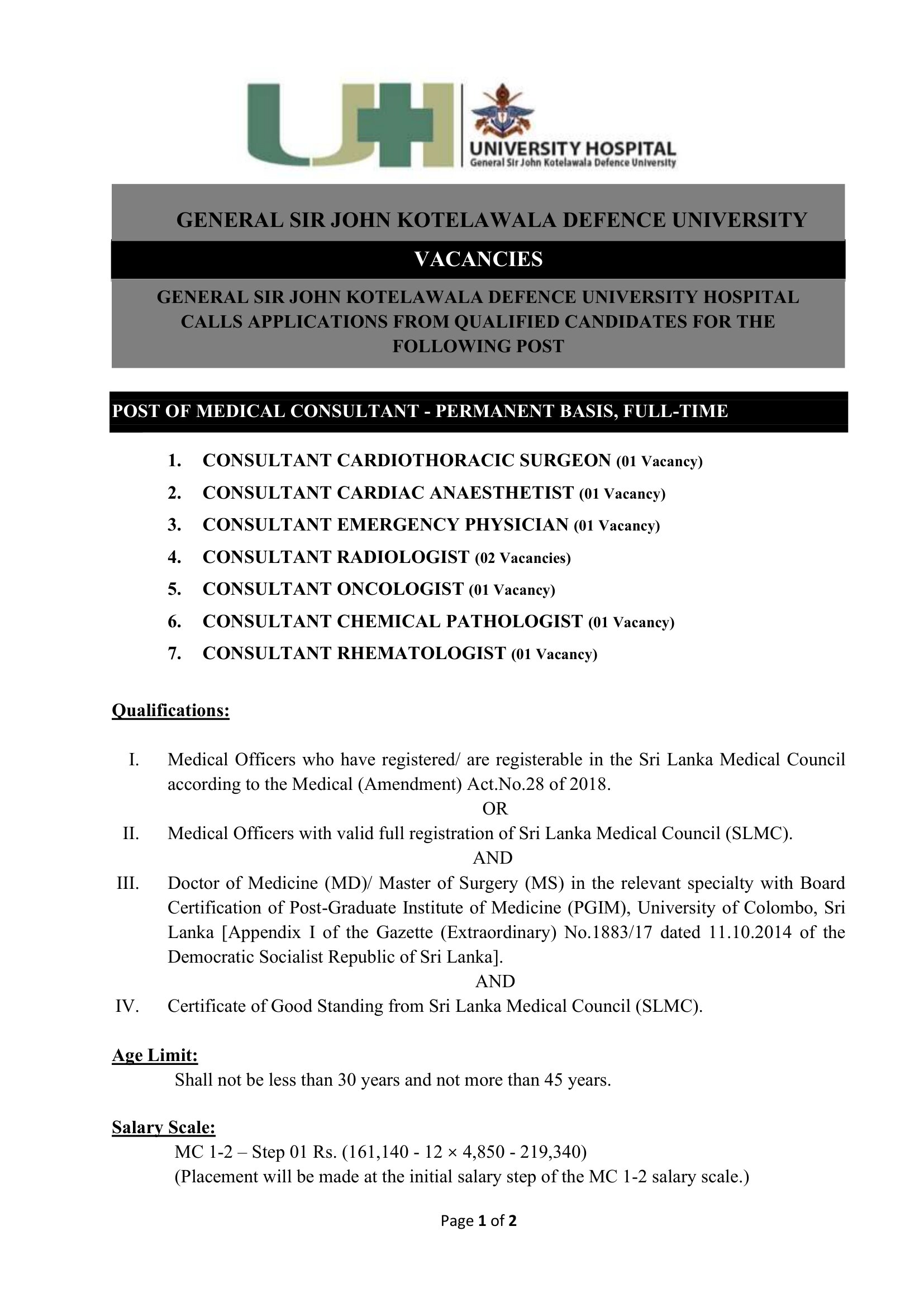 Medical Consultant - University Hospital - General Sir John Kotelawala Defence University