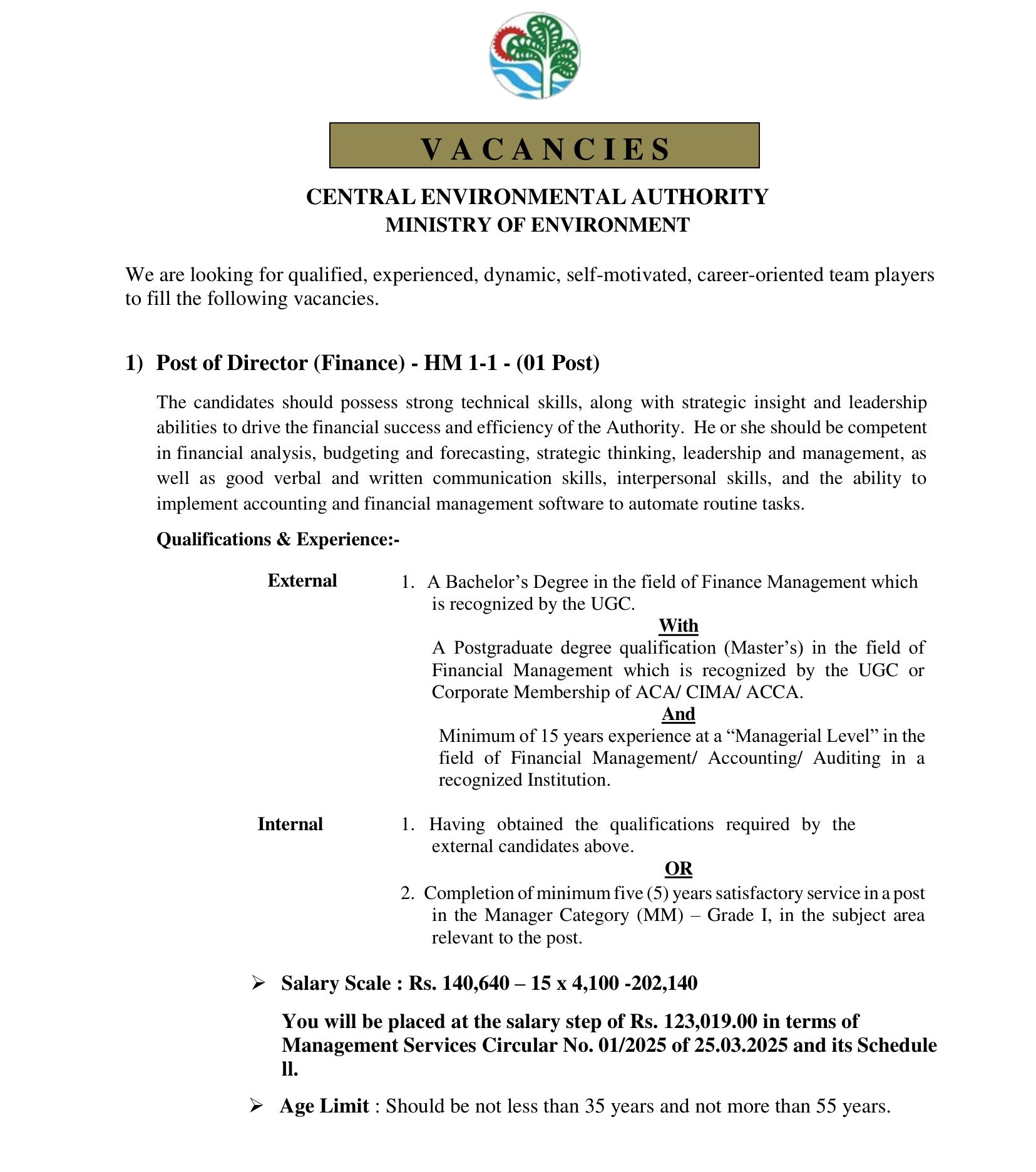 Director (Finance), Assistant Director (Human Resources Development) - Central Environmental Authority
