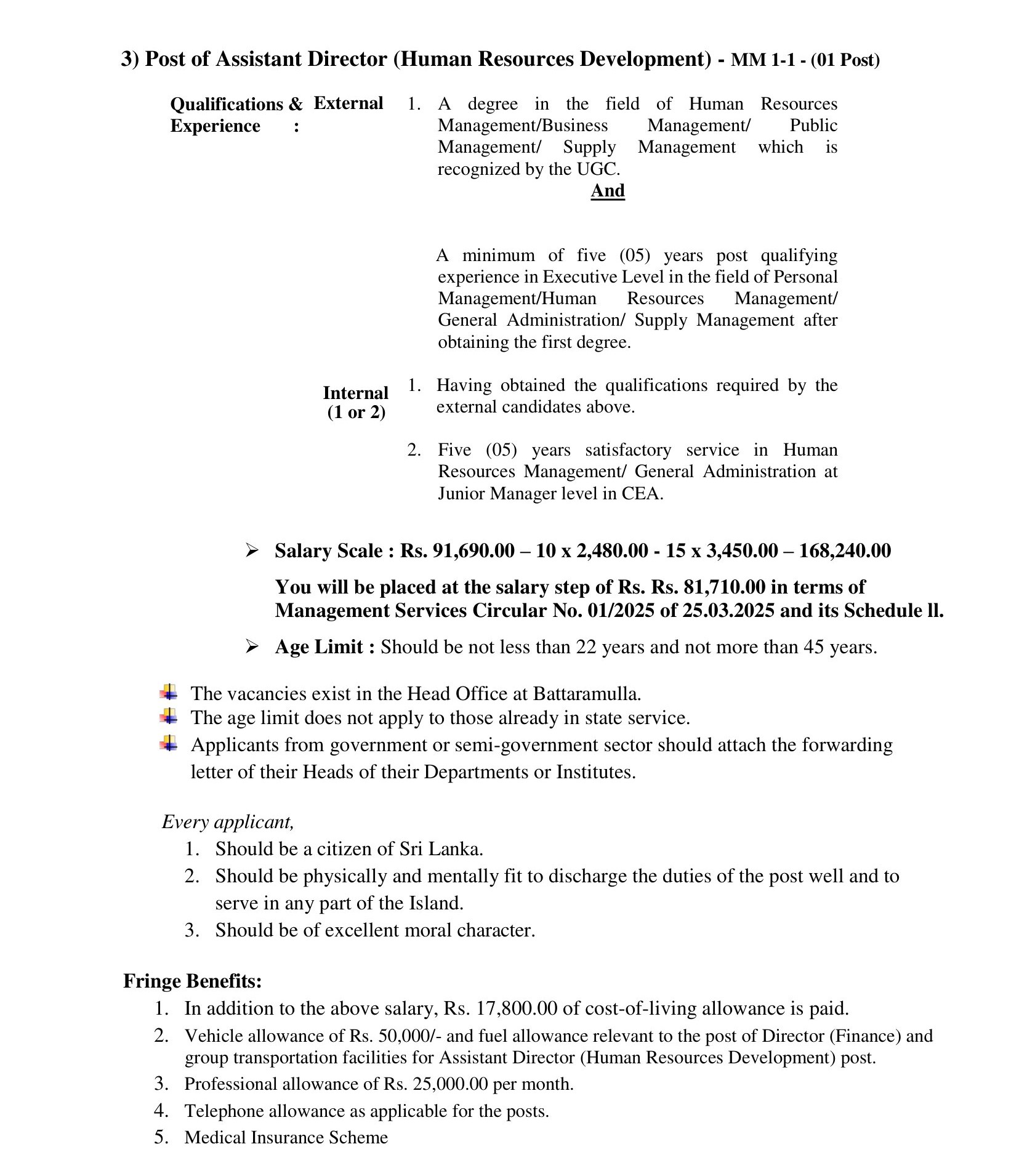 Director (Finance), Assistant Director (Human Resources Development) - Central Environmental Authority