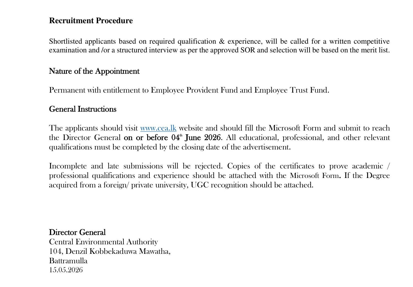 Director (Finance), Assistant Director (Human Resources Development) - Central Environmental Authority