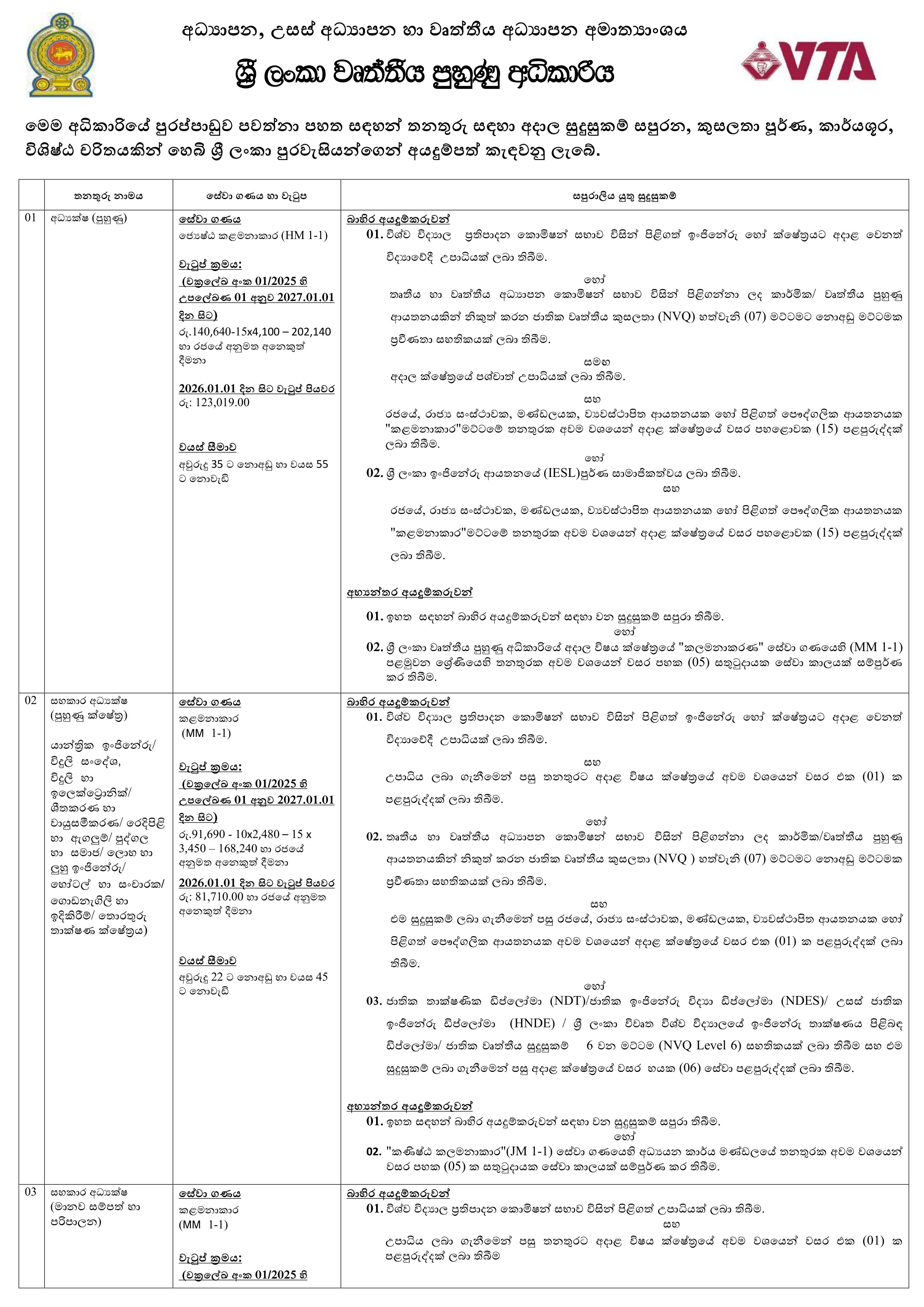 Management Assistant, Director, Assistant Director, Transport Officer, Programme Officer, Research Officer, Planning Officer, Testing & Evaluation officer, Finance Officer, Programme Officer, Technical Assistant, Driver - Vocational Training Authority
