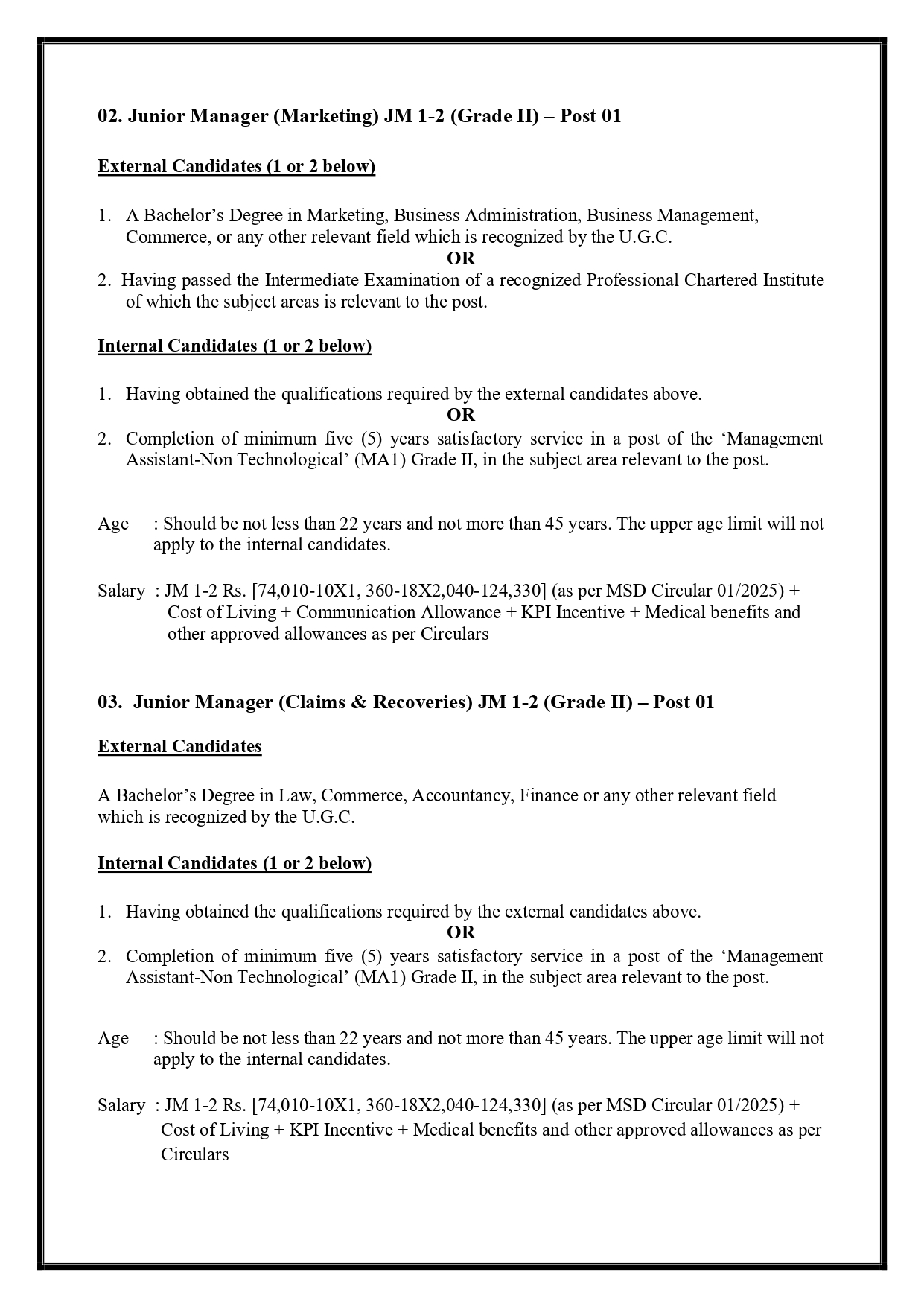 Deputy General Manager (Marketing), Junior Manager (Marketing, Claims & Recoveries, HR & Admin), Personal Assistant to General Manager - Sri Lanka Export Credit Insurance Corporation 