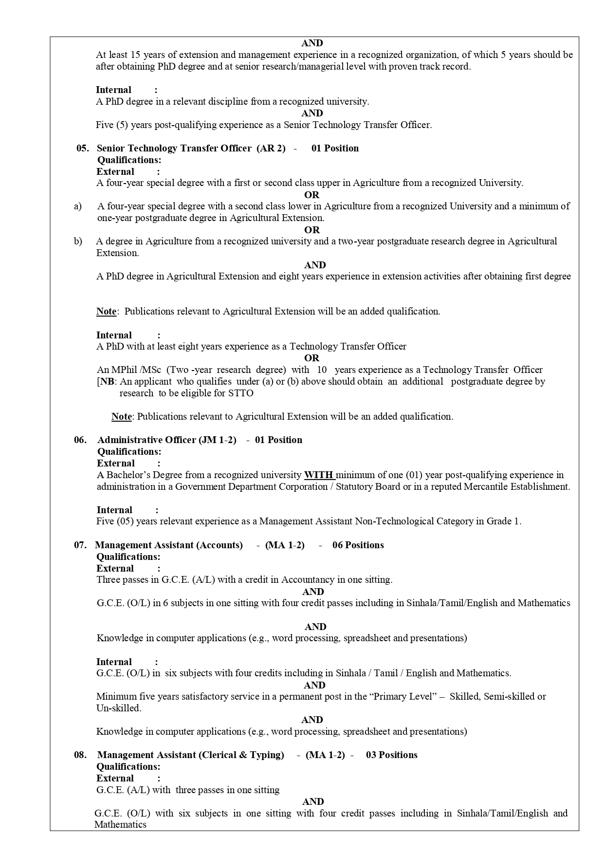 Management Assistant, Director, Deputy Director, Principal Research Officer, Principal Technology Transfer Officer, Senior Technology Transfer Officer, Administrative Officer - Sugarcane Research Institute 