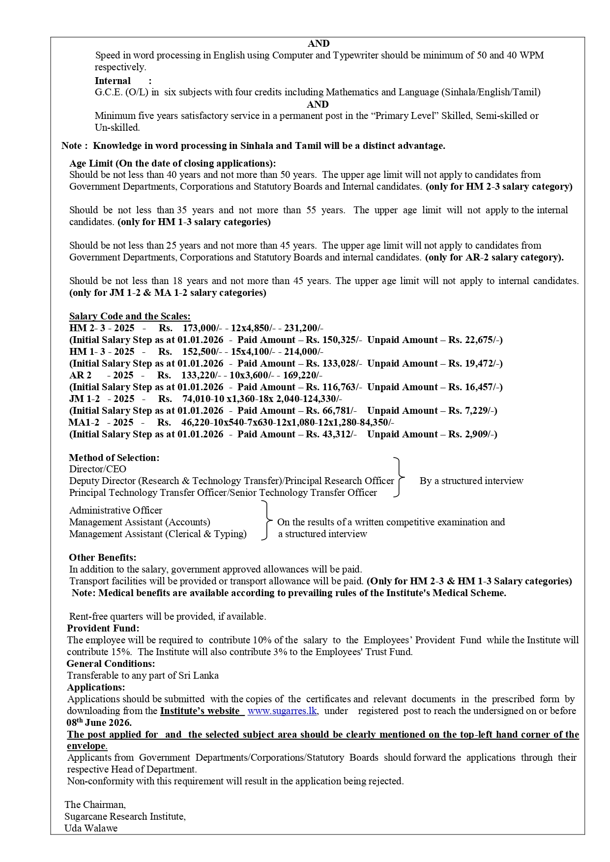 Management Assistant, Director, Deputy Director, Principal Research Officer, Principal Technology Transfer Officer, Senior Technology Transfer Officer, Administrative Officer - Sugarcane Research Institute