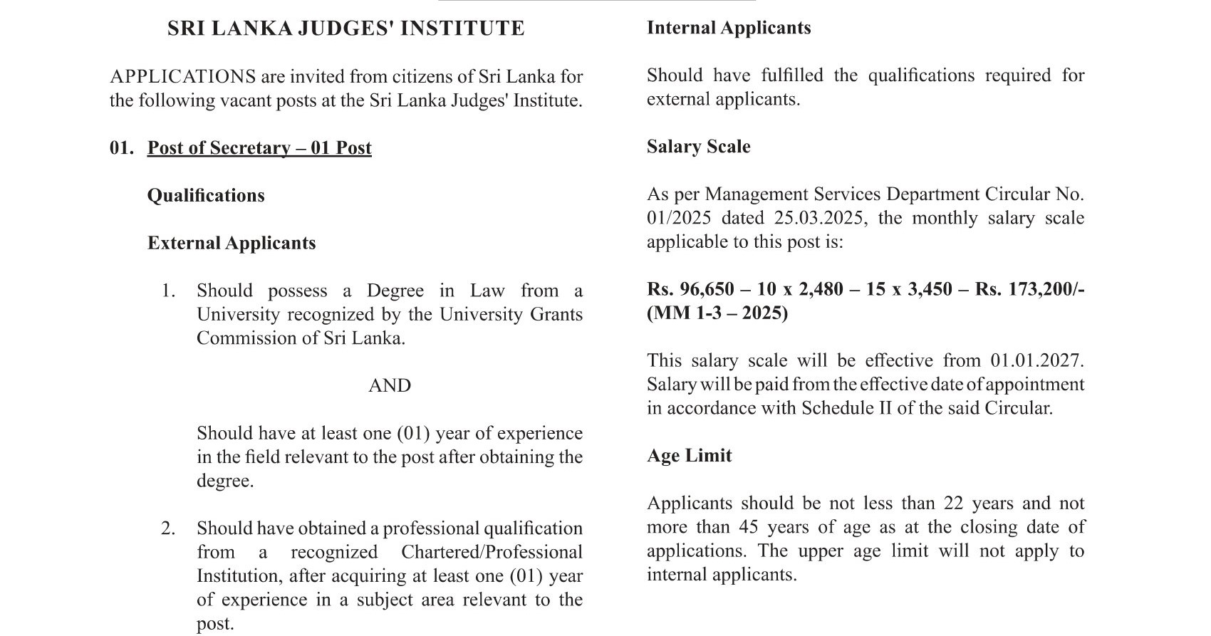 Secretary, Research Officer, Finance Officer, Stenographer/Typist - Sri Lanka Judges’ Institute
